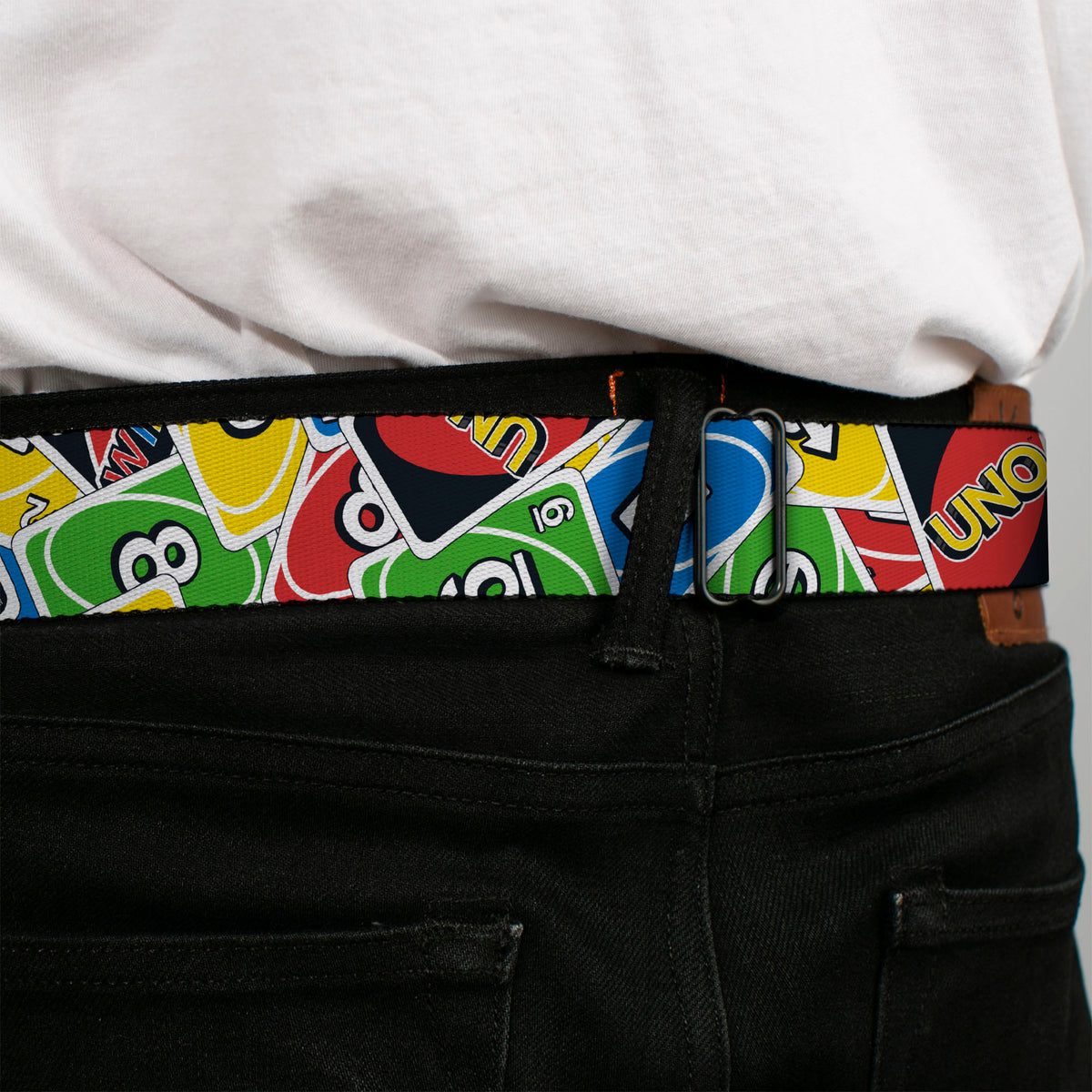 UNO Game Logo Full Color Black/Red/Yellow Seatbelt Belt - UNO Cards Stacked Collage Multi Color Webbing Seatbelt Belts UNO