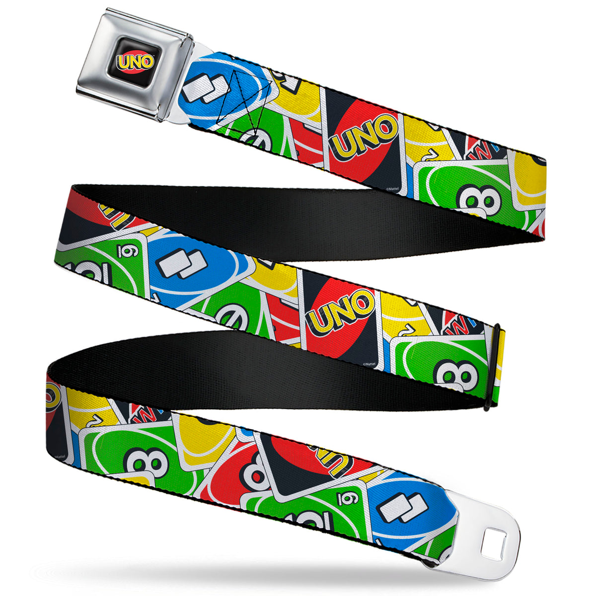 UNO Game Logo Full Color Black/Red/Yellow Seatbelt Belt - UNO Cards Stacked Collage Multi Color Webbing Seatbelt Belts UNO