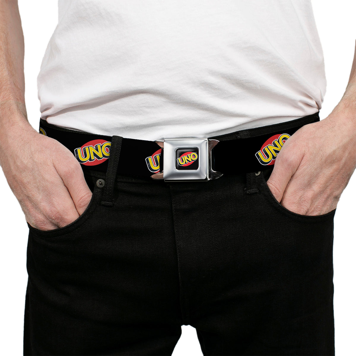 UNO Game Logo Full Color Black/Red/Yellow Seatbelt Belt - UNO Game Logo Black/Red/Yellow Webbing Seatbelt Belts UNO