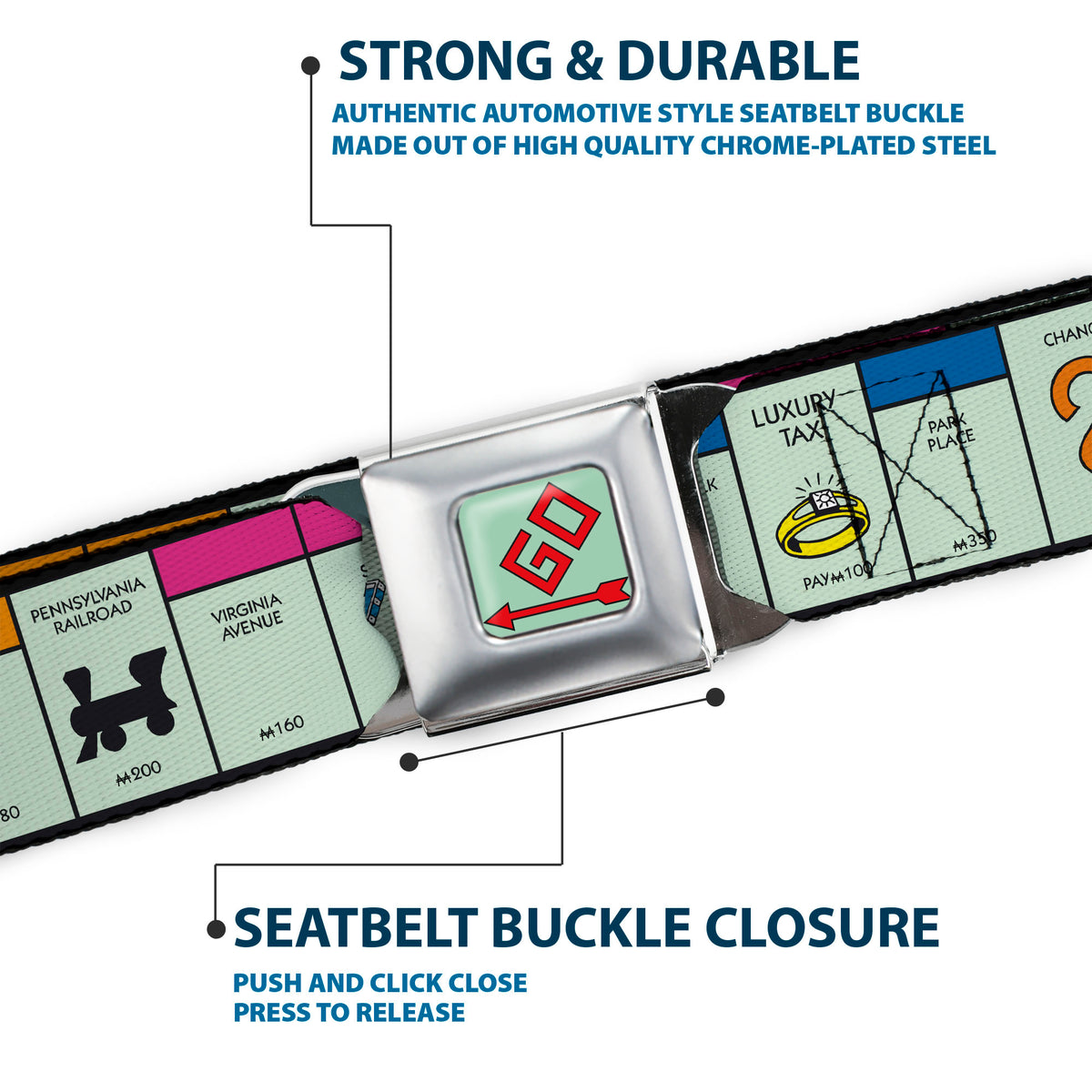 Monopoly GO Space Full Color Seatbelt Belt - Monopoly Game Board Space Blocks Webbing Seatbelt Belts Hasbro