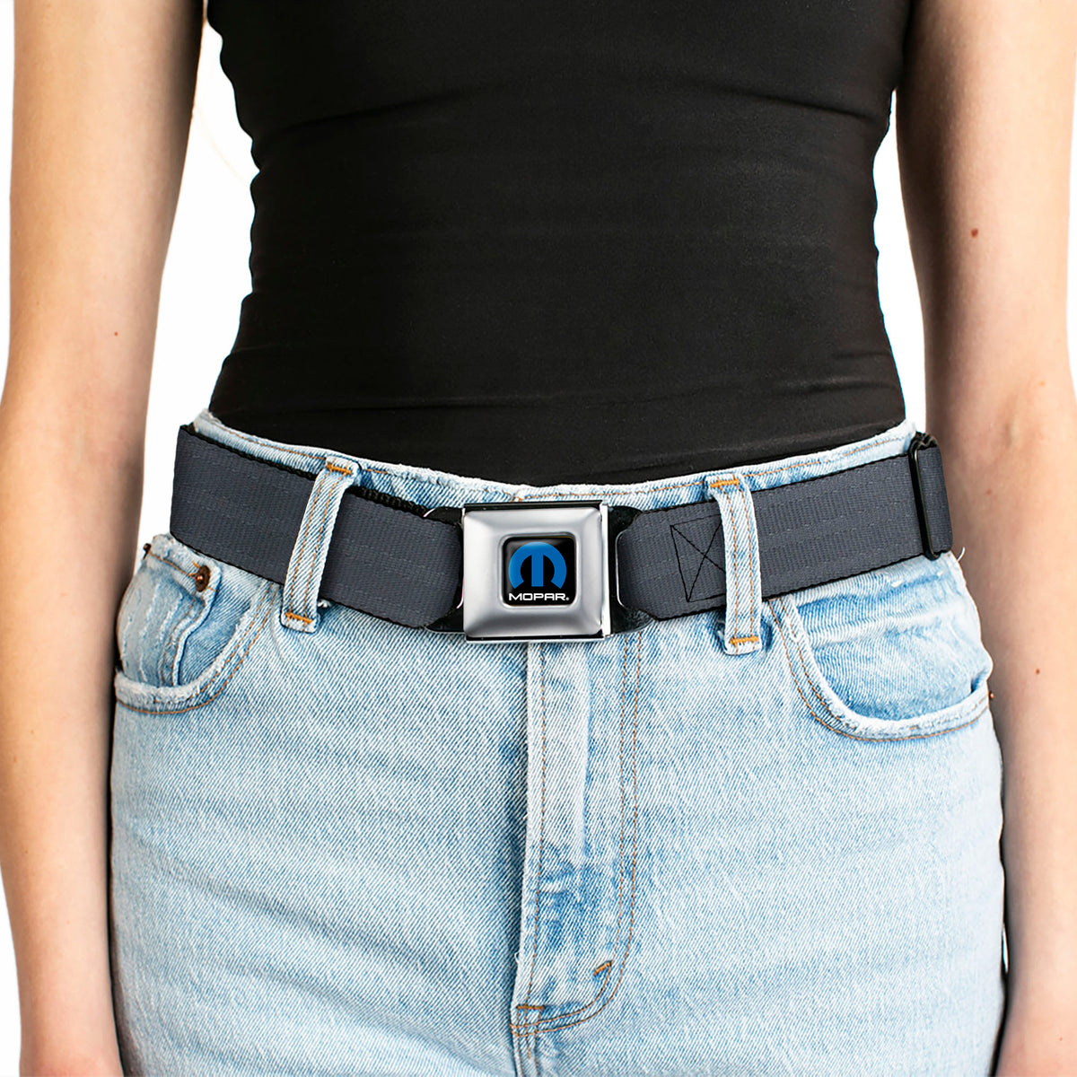 MOPAR Logo Full Color Black/Blue/White Seatbelt Belt - Black Panel Webbing Seatbelt Belts Mopar