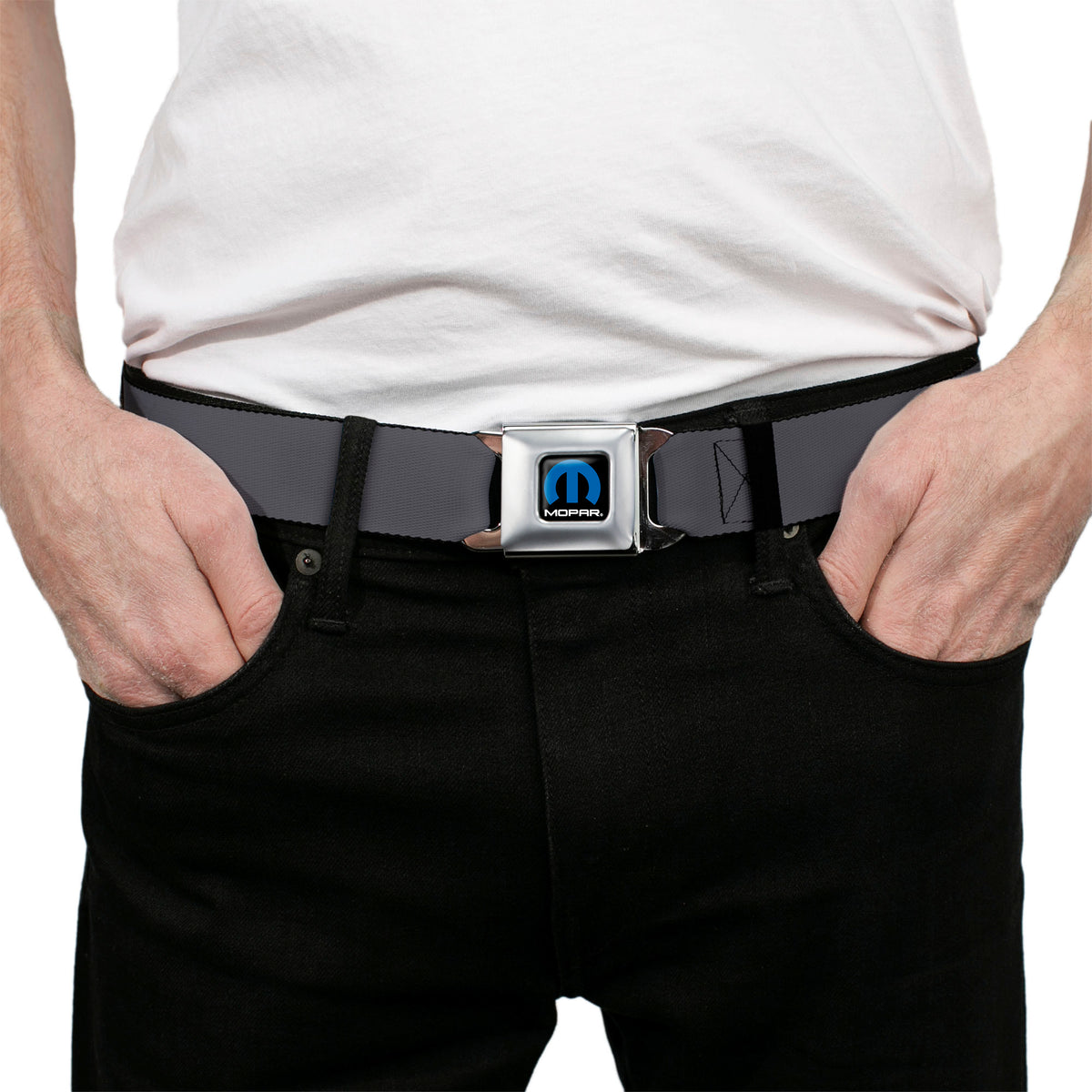 MOPAR Logo Full Color Black Blue White Seatbelt Belt - Charcoal Webbing Seatbelt Belts Mopar
