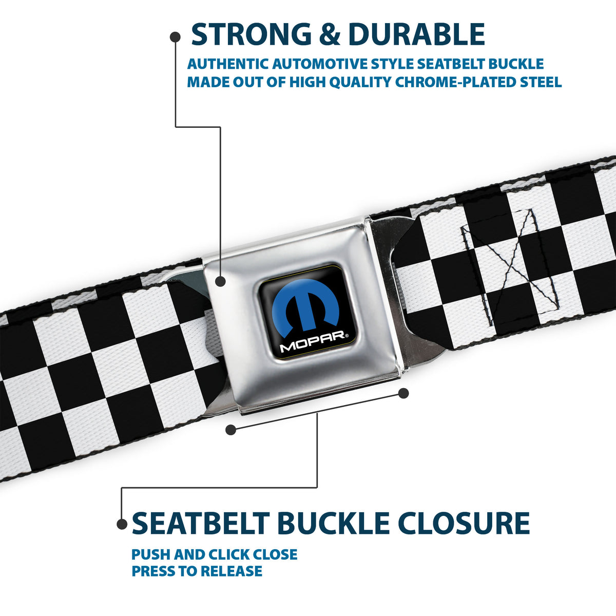 MOPAR Logo Full Color Black/Blue/White Seatbelt Belt - Checker Black/White Webbing Seatbelt Belts Mopar