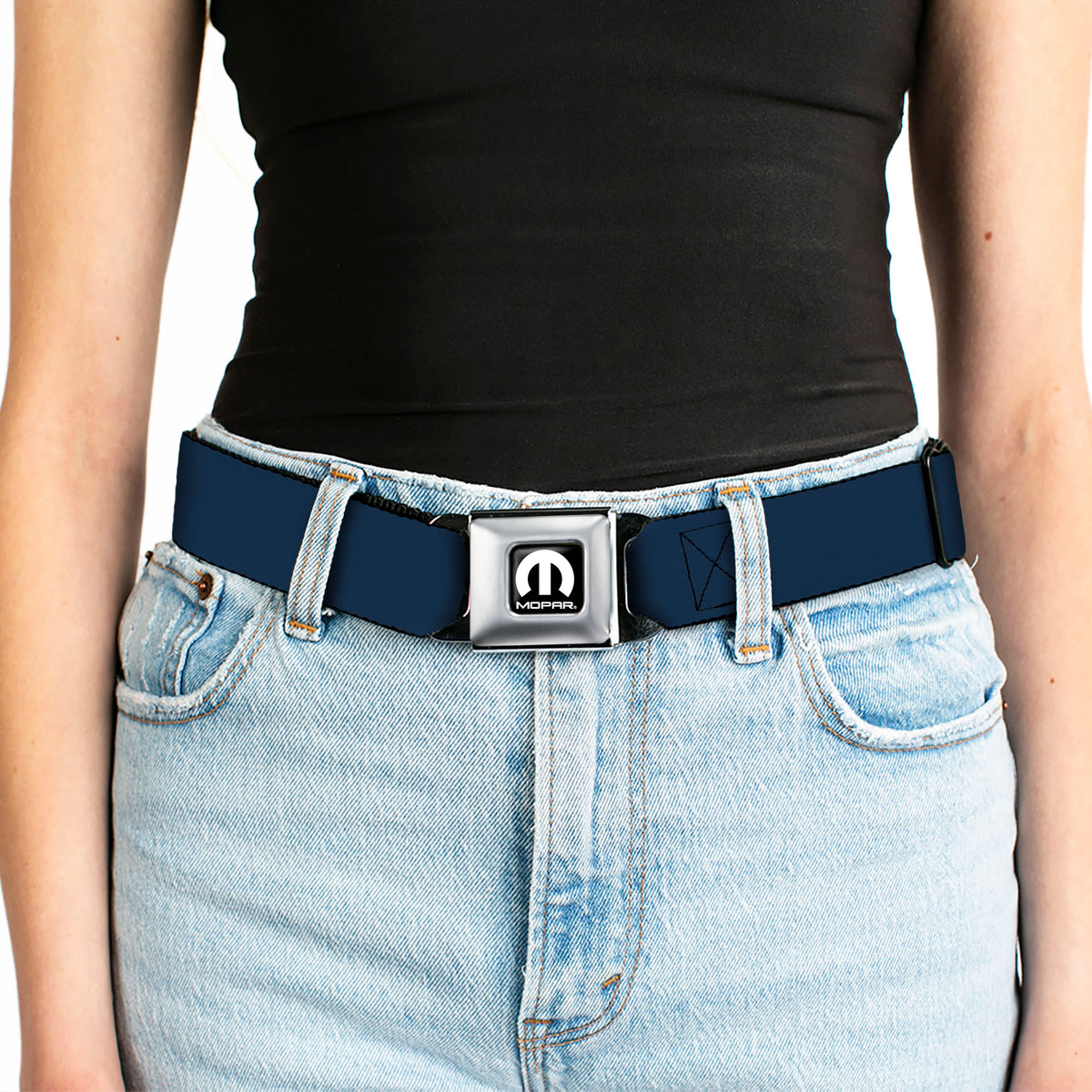 MOPAR Logo Full Color Black White Seatbelt Belt - Navy Webbing Seatbelt Belts Mopar