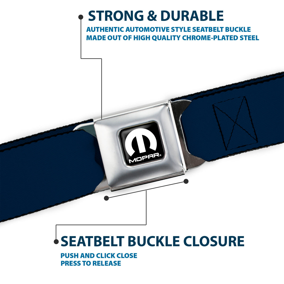 MOPAR Logo Full Color Black White Seatbelt Belt - Navy Webbing Seatbelt Belts Mopar