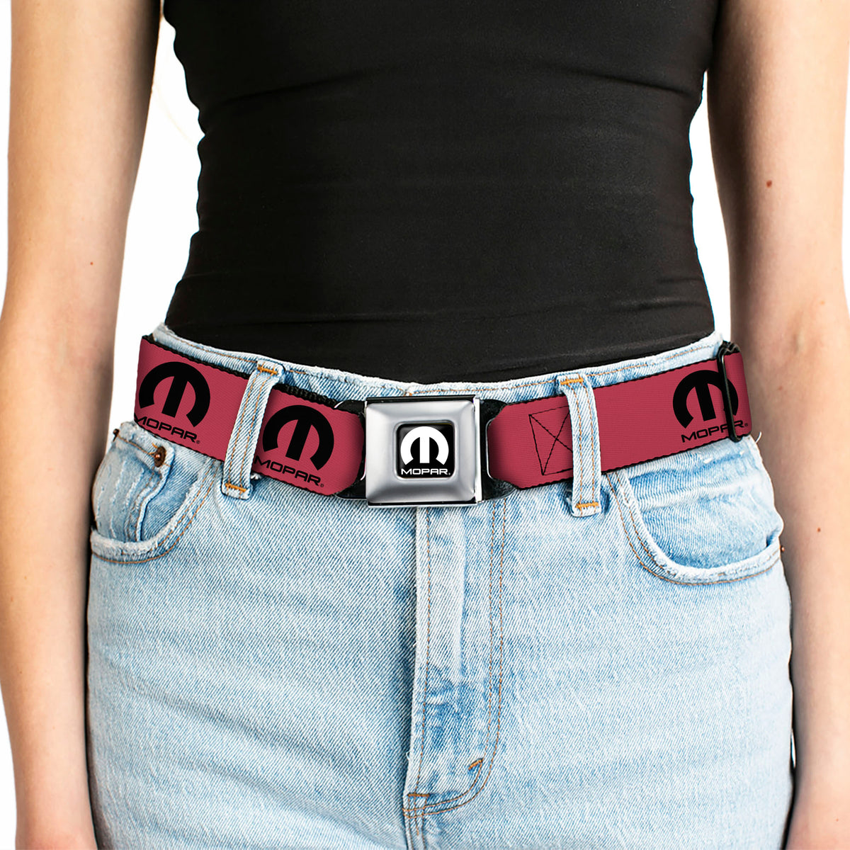 MOPAR Logo Full Color Black/White Seatbelt Belt - MOPAR Logo Repeat Fuchsia/Black Webbing Seatbelt Belts Mopar