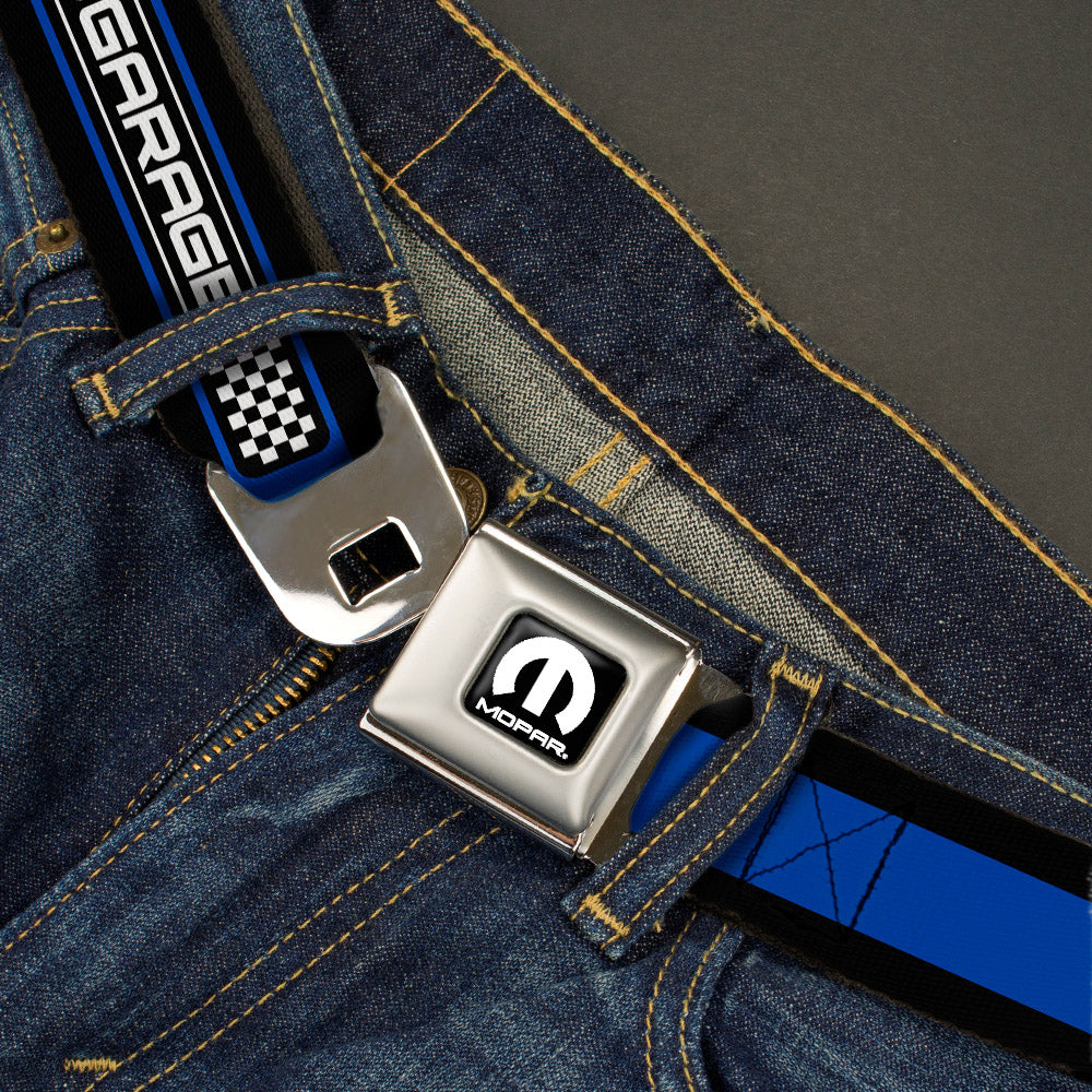 MOPAR Logo Full Color Black White Seatbelt Belt - MOPAR GARAGE Checker Logo/Stripe Black/Blue/White Webbing Seatbelt Belts Mopar