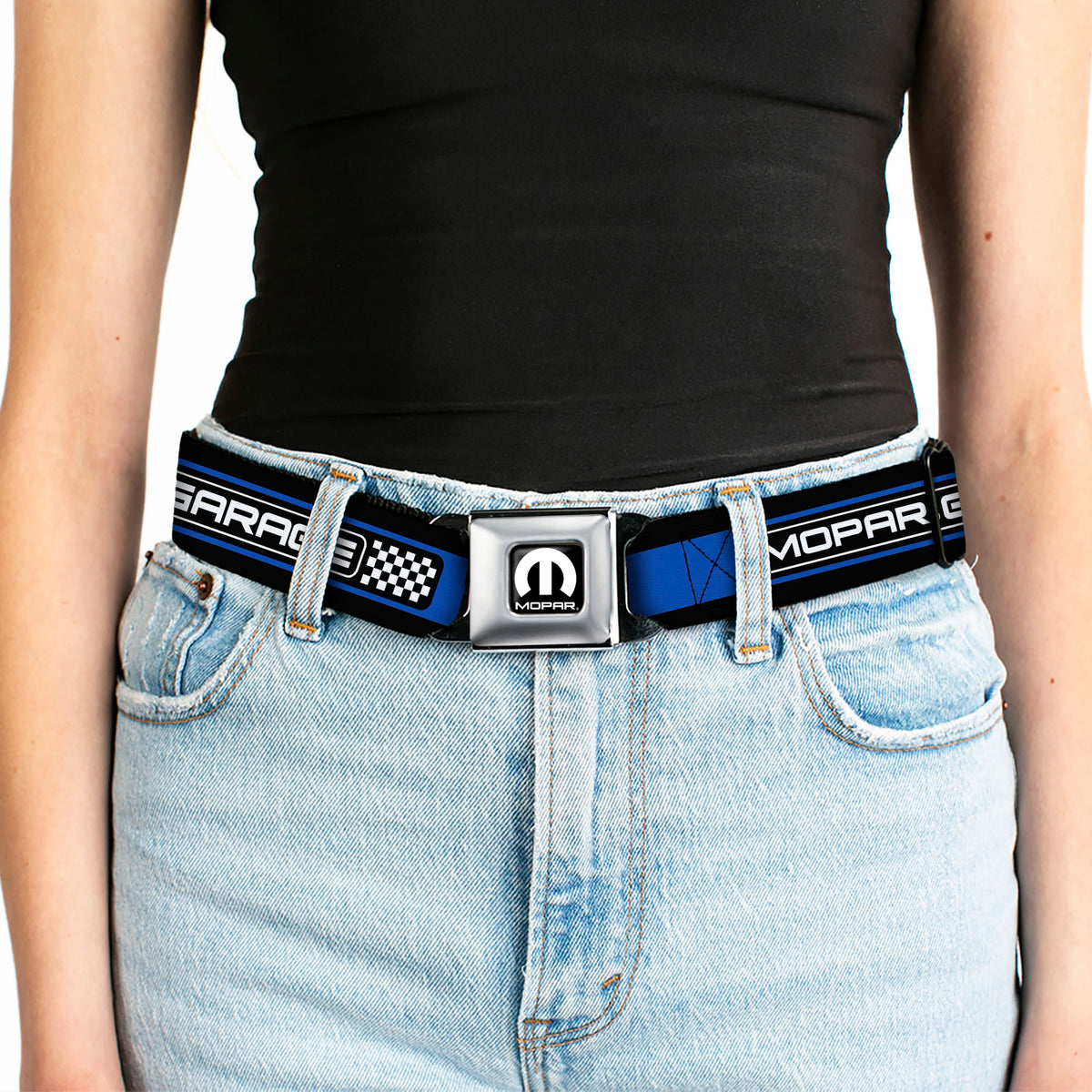 MOPAR Logo Full Color Black White Seatbelt Belt - MOPAR GARAGE Checker Logo/Stripe Black/Blue/White Webbing Seatbelt Belts Mopar