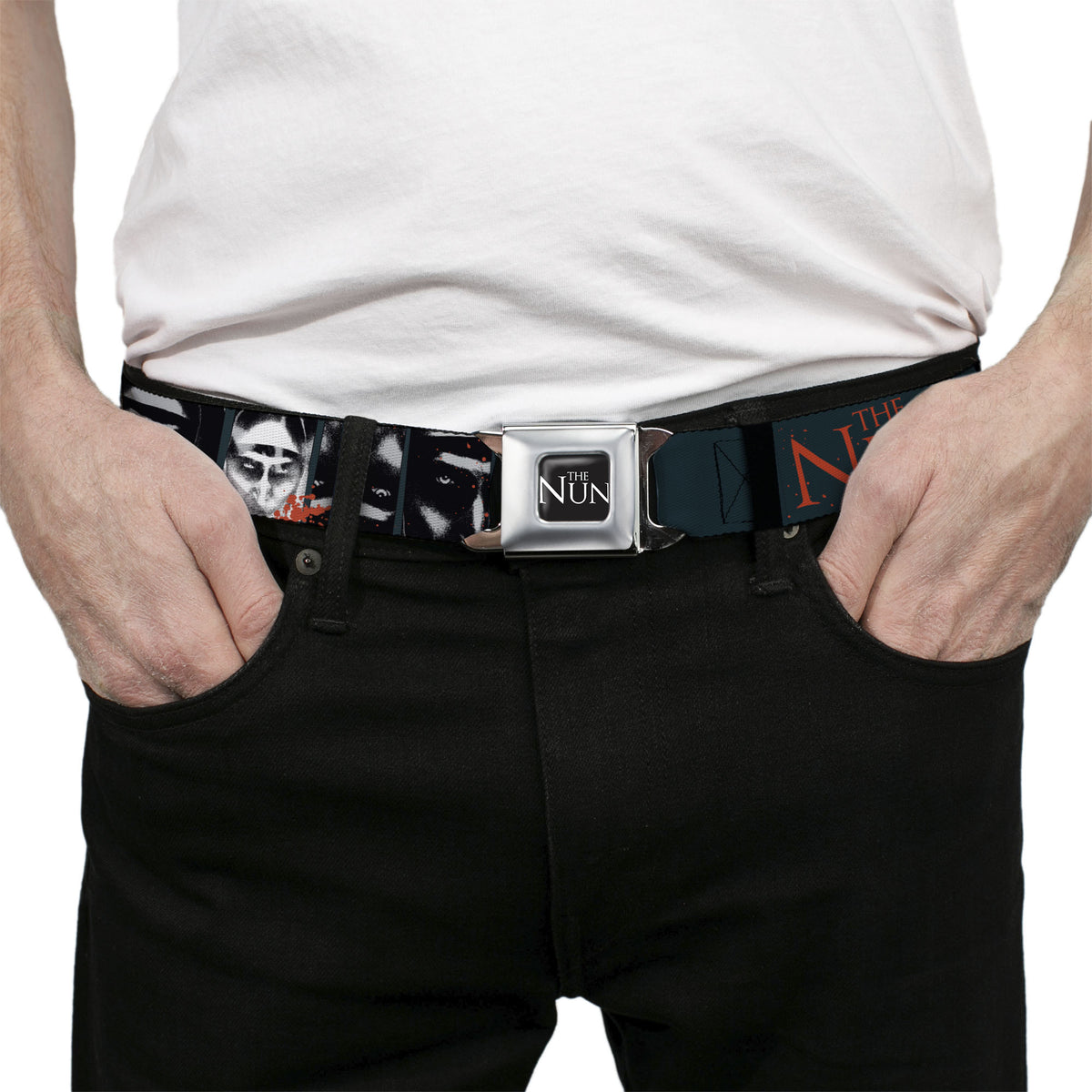 THE NUN Title Logo Full Color Black/White Seatbelt Belt - THE NUN Demon Nun Valak Pose Blocks and Title Logo Blue/Red/White Webbing Seatbelt Belts The Nun