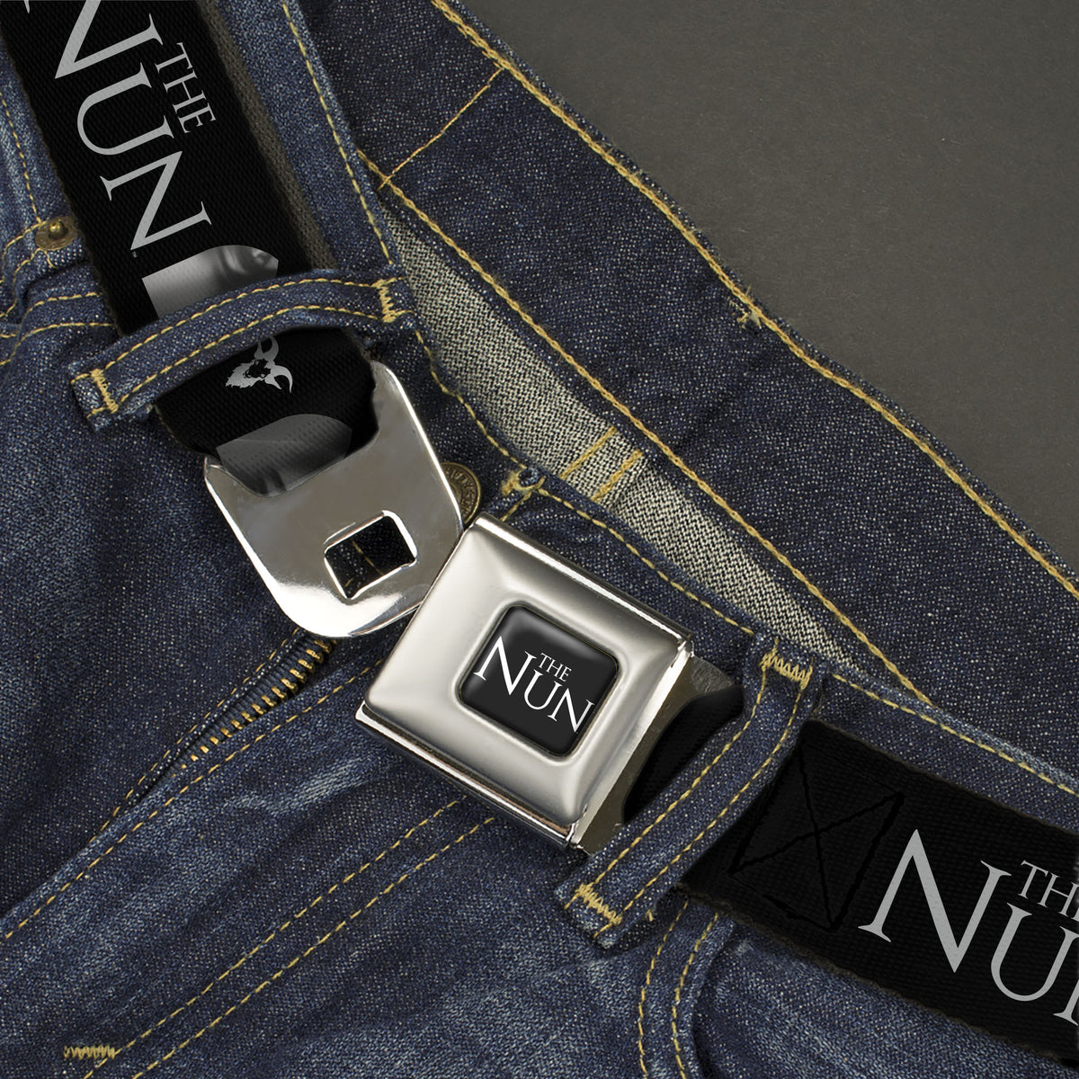 THE NUN Title Logo Full Color Black/White Seatbelt Belt - THE NUN Demon Nun Valak Face with Icons and Title Logo Black/Grays Webbing Seatbelt Belts The Nun