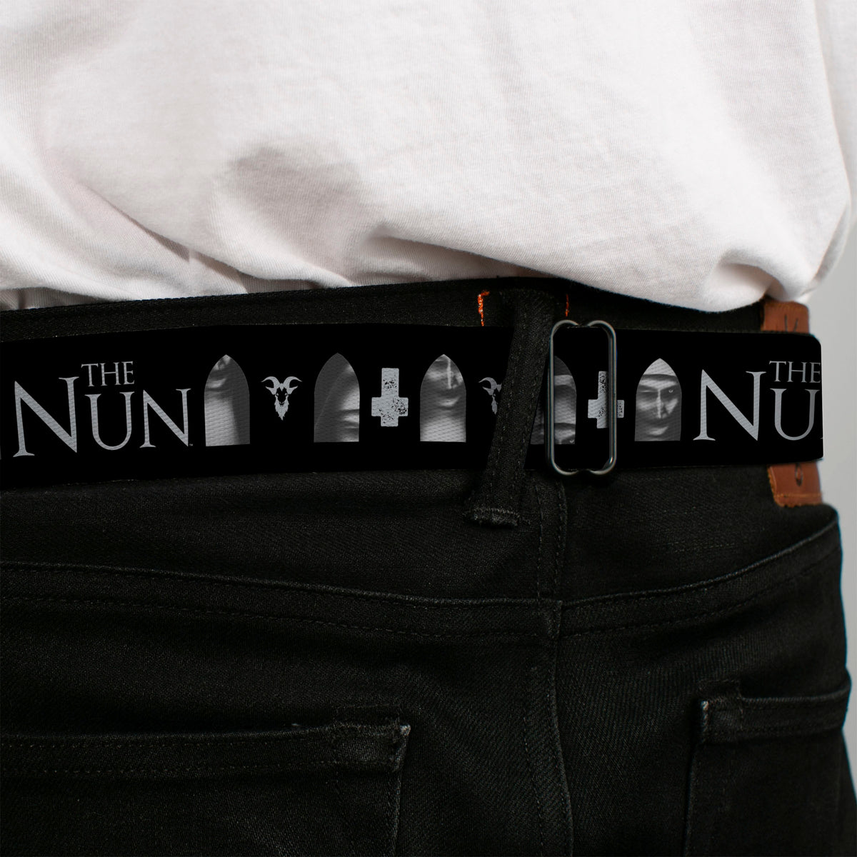 THE NUN Title Logo Full Color Black/White Seatbelt Belt - THE NUN Demon Nun Valak Face with Icons and Title Logo Black/Grays Webbing Seatbelt Belts The Nun