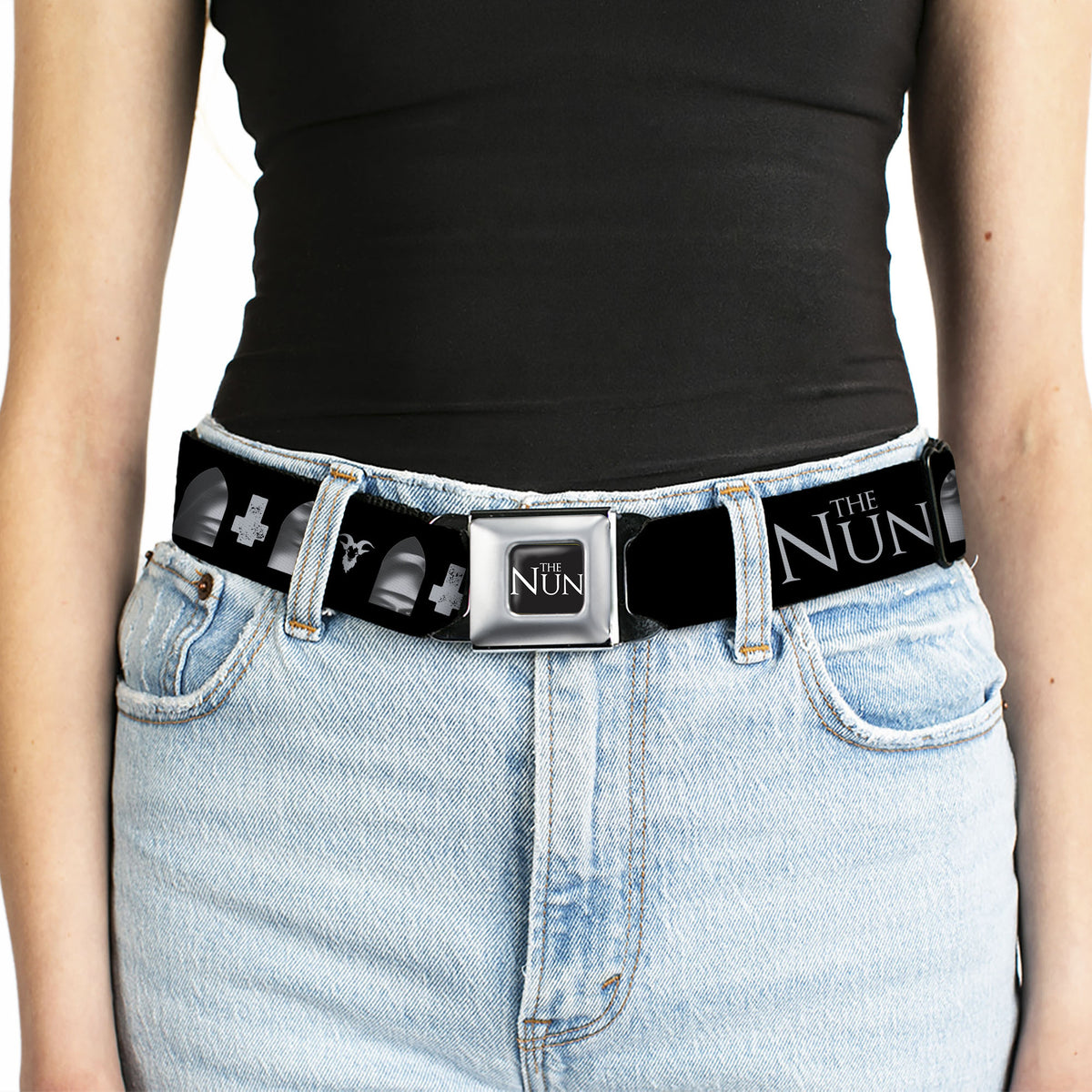 THE NUN Title Logo Full Color Black/White Seatbelt Belt - THE NUN Demon Nun Valak Face with Icons and Title Logo Black/Grays Webbing Seatbelt Belts The Nun