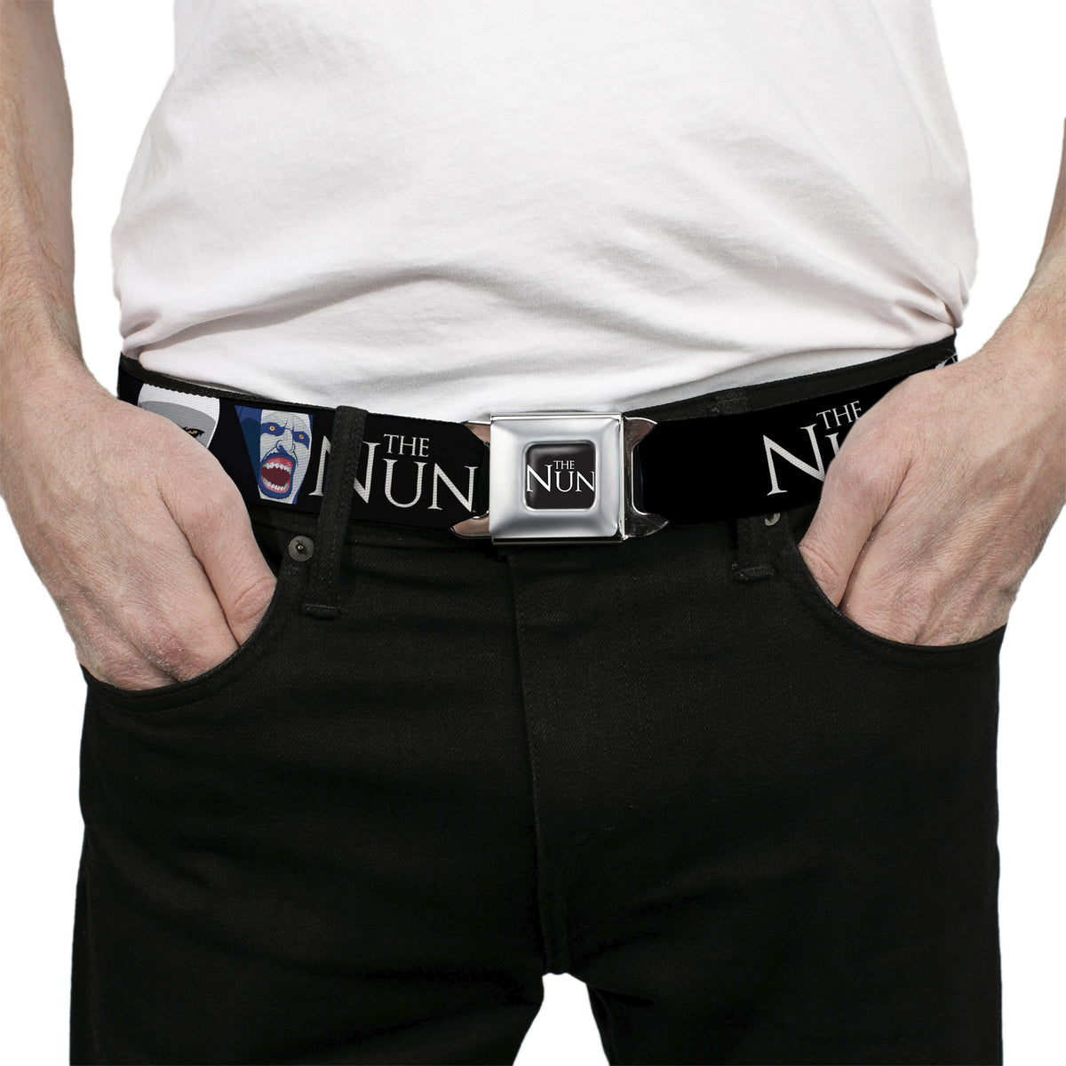THE NUN Title Logo Full Color Black/White Seatbelt Belt - THE NUN Sister Irene and Demon Nun Valak Icons with Title Logo Black/White Webbing Seatbelt Belts The Nun