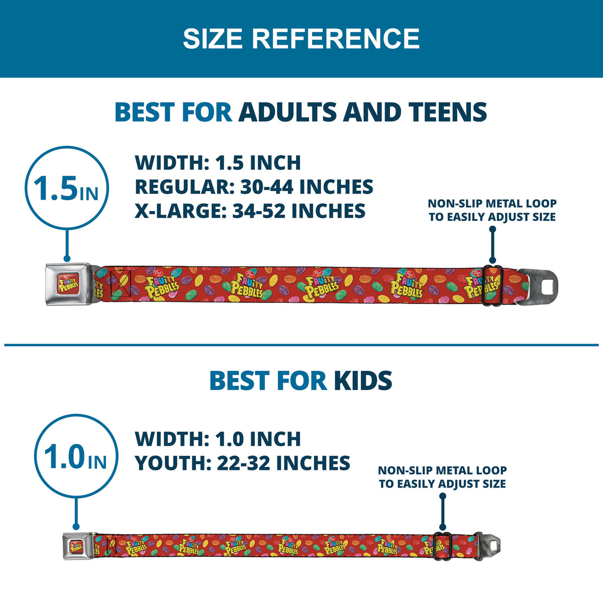 POST FRUITY PEBBLES Logo Full Color Red/Multi Color Seatbelt Belt - POST FRUITY PEBBLES Logo and Cereal Pebbles Scattered Red/Multi Color Webbing Seatbelt Belts The Flintstones