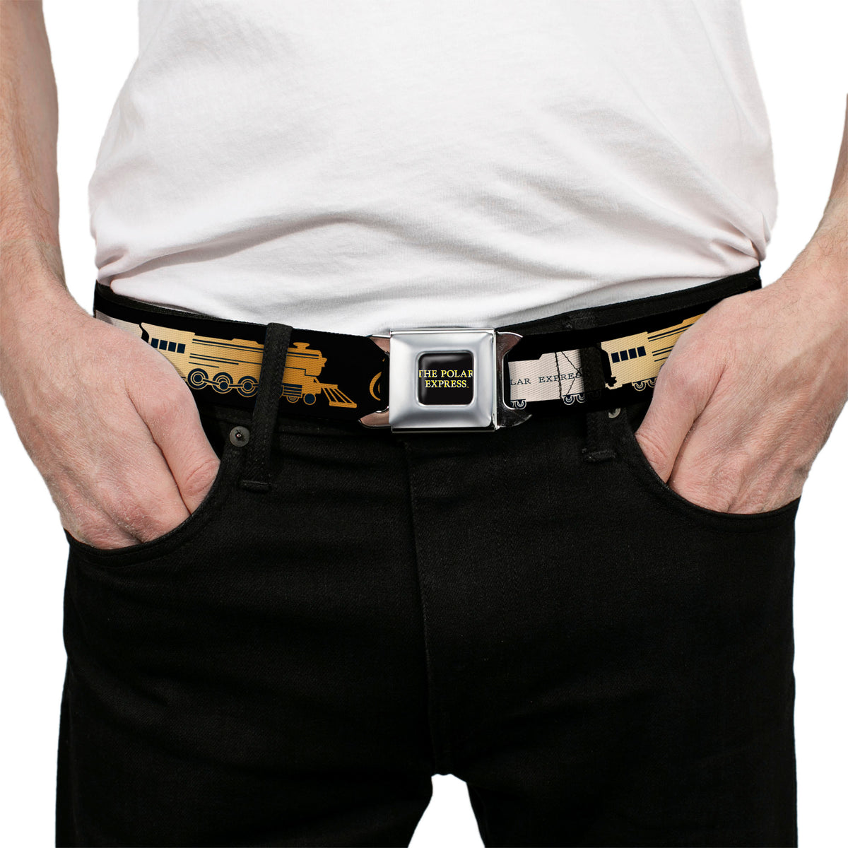 THE POLAR EXPRESS Text Logo Full Color Black/Golds Seatbelt Belt - POLAR EXPRESS Train Cars Black/Golds Webbing Seatbelt Belts The Polar Express