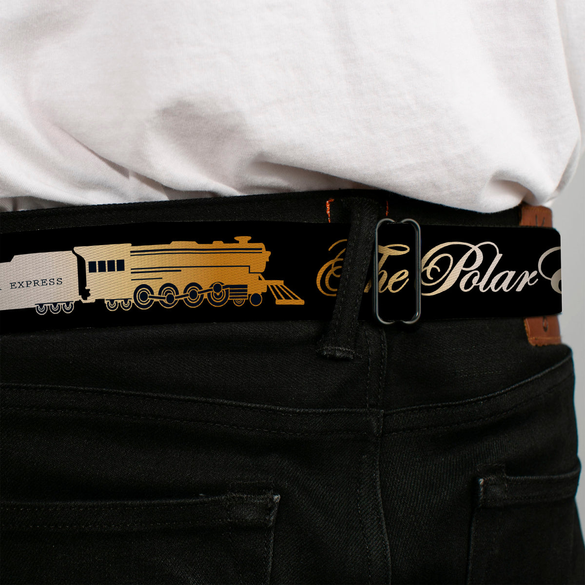 THE POLAR EXPRESS Text Logo Full Color Black/Golds Seatbelt Belt - POLAR EXPRESS Train Cars Black/Golds Webbing Seatbelt Belts The Polar Express
