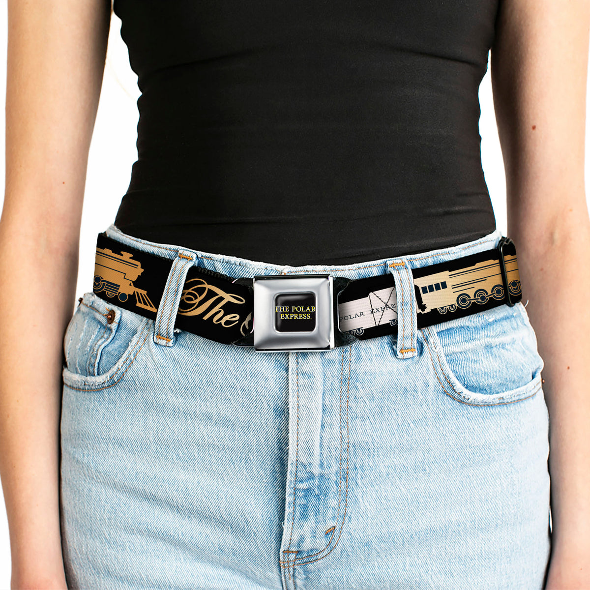 THE POLAR EXPRESS Text Logo Full Color Black/Golds Seatbelt Belt - POLAR EXPRESS Train Cars Black/Golds Webbing Seatbelt Belts The Polar Express