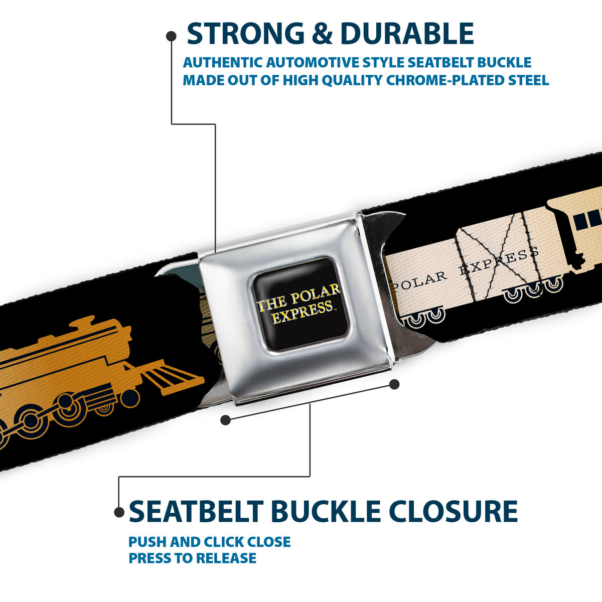 THE POLAR EXPRESS Text Logo Full Color Black/Golds Seatbelt Belt - POLAR EXPRESS Train Cars Black/Golds Webbing Seatbelt Belts The Polar Express