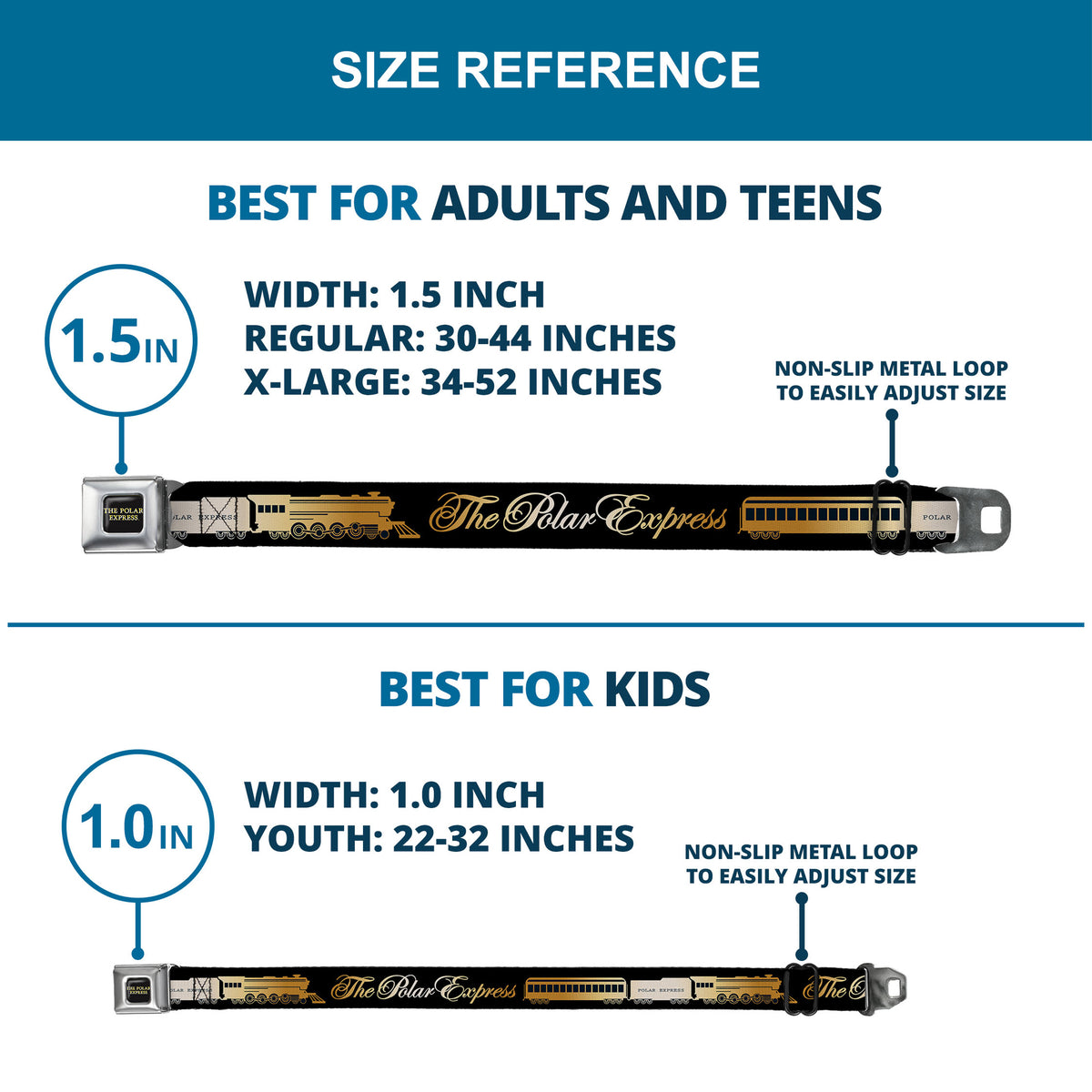 THE POLAR EXPRESS Text Logo Full Color Black/Golds Seatbelt Belt - POLAR EXPRESS Train Cars Black/Golds Webbing Seatbelt Belts The Polar Express