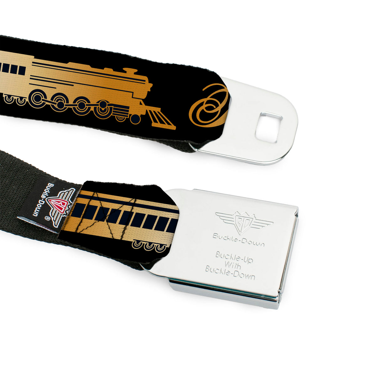 THE POLAR EXPRESS Text Logo Full Color Black/Golds Seatbelt Belt - POLAR EXPRESS Train Cars Black/Golds Webbing Seatbelt Belts The Polar Express