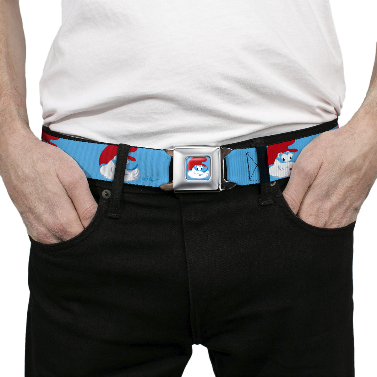 The Smurfs Papa Smurf Smiling Pose Full Color Blue Seatbelt Belt - The Smurfs Papa Smurf Smiling Pose Blue Webbing Seatbelt Belts The Smurfs