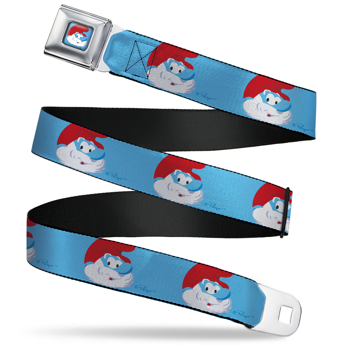 The Smurfs Papa Smurf Smiling Pose Full Color Blue Seatbelt Belt - The Smurfs Papa Smurf Smiling Pose Blue Webbing Seatbelt Belts The Smurfs