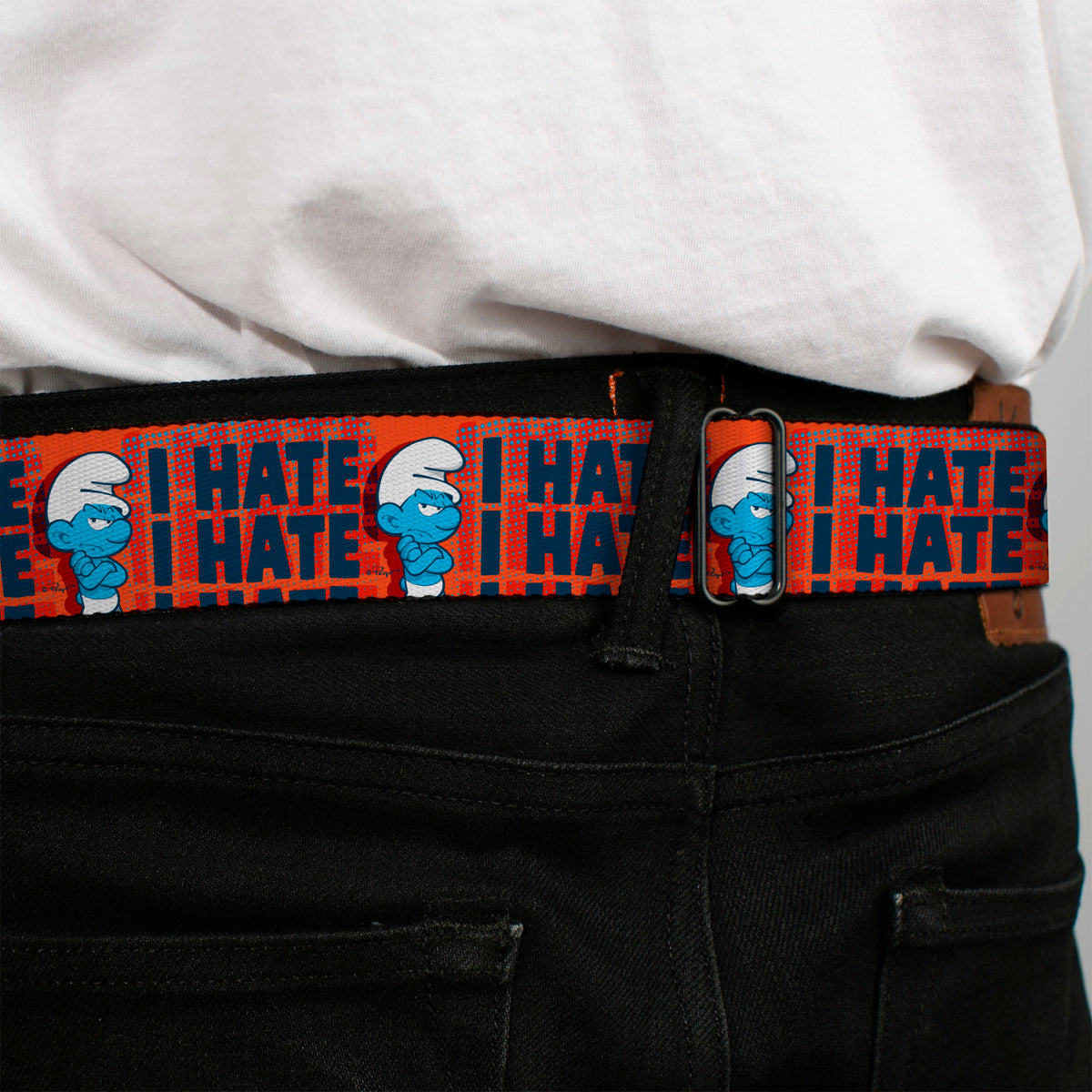 THE SMURFS Title Logo Full Color Black White Blue Seatbelt Belt - Grumpy Smurf I HATE I HATE Arms Crossed Pose Red/Blue Webbing Seatbelt Belts The Smurfs