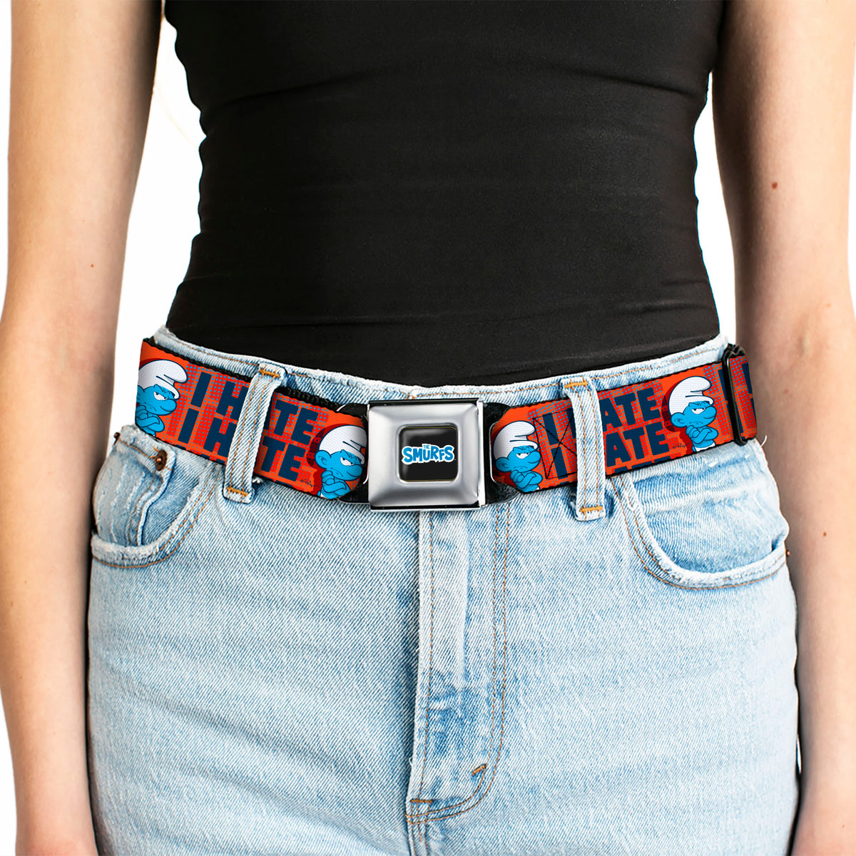 THE SMURFS Title Logo Full Color Black White Blue Seatbelt Belt - Grumpy Smurf I HATE I HATE Arms Crossed Pose Red/Blue Webbing Seatbelt Belts The Smurfs