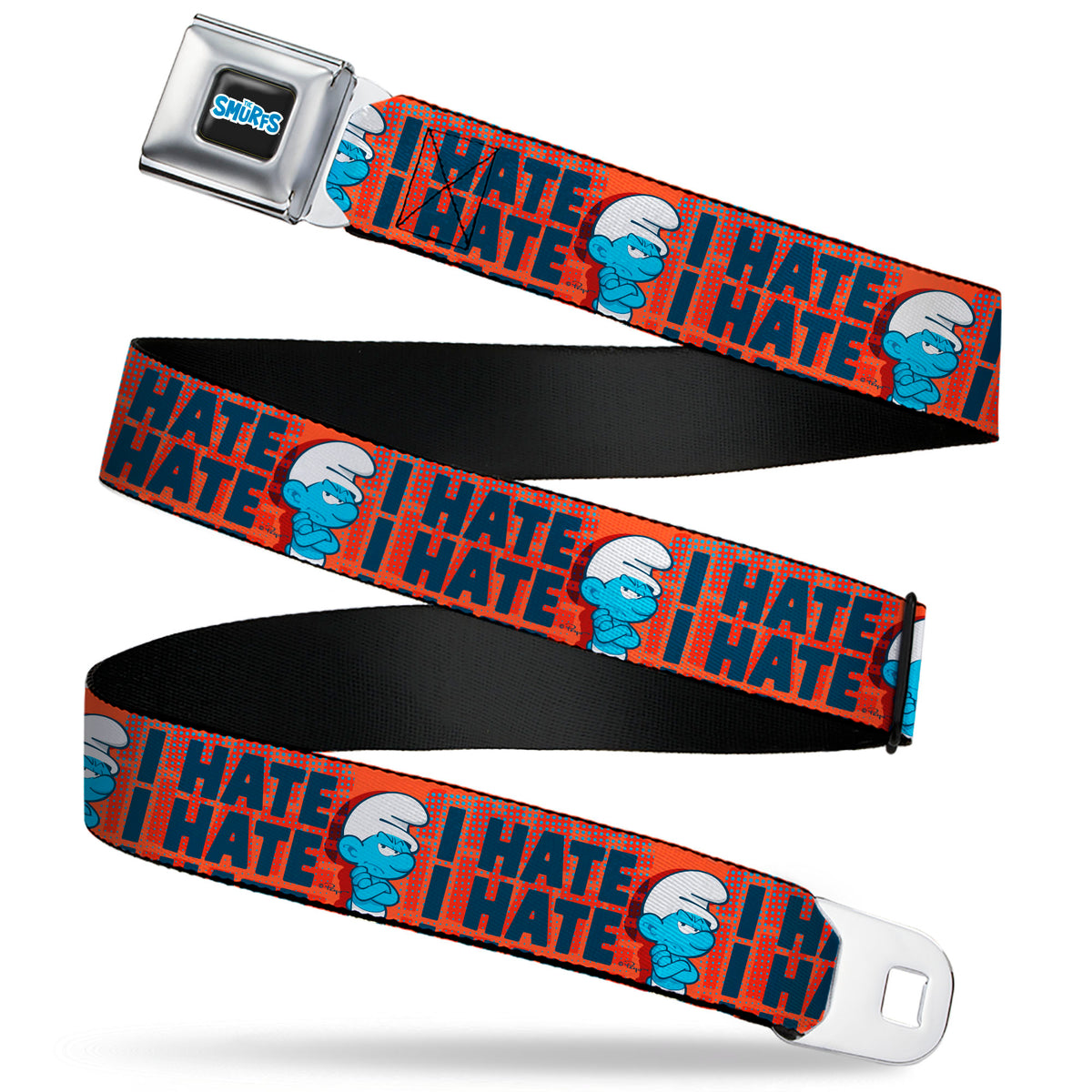 THE SMURFS Title Logo Full Color Black White Blue Seatbelt Belt - Grumpy Smurf I HATE I HATE Arms Crossed Pose Red/Blue Webbing Seatbelt Belts The Smurfs