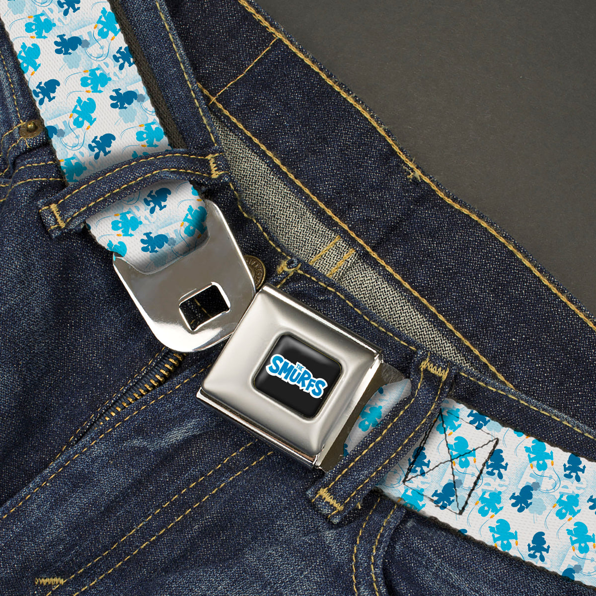THE SMURFS Title Logo Full Color Black White Blue Seatbelt Belt - The Smurfs Blast Off FREE Silhouette Pose White/Blues Webbing Seatbelt Belts The Smurfs