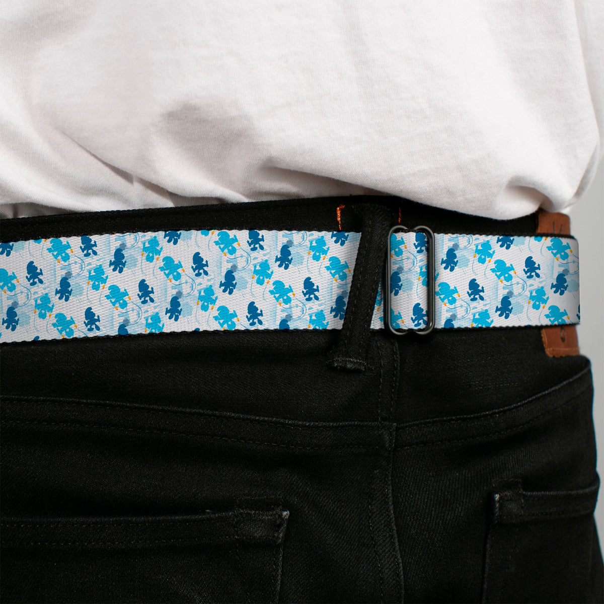THE SMURFS Title Logo Full Color Black White Blue Seatbelt Belt - The Smurfs Blast Off FREE Silhouette Pose White/Blues Webbing Seatbelt Belts The Smurfs