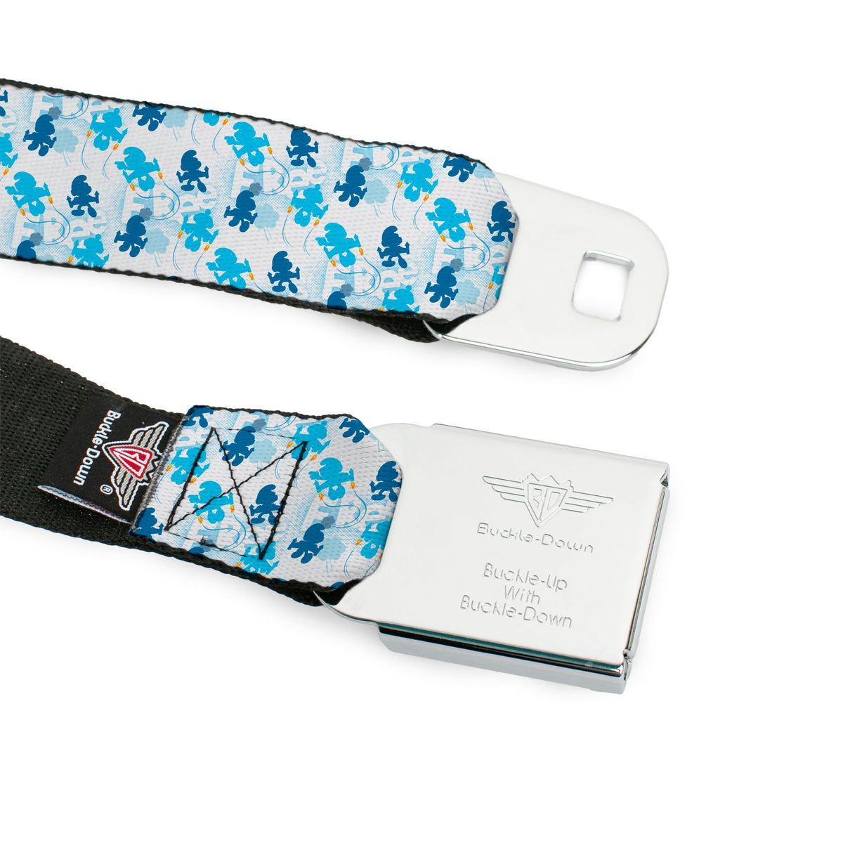 THE SMURFS Title Logo Full Color Black White Blue Seatbelt Belt - The Smurfs Blast Off FREE Silhouette Pose White/Blues Webbing Seatbelt Belts The Smurfs