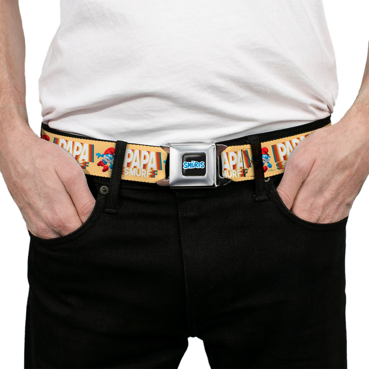 THE SMURFS Title Logo Full Color Black White Blue Seatbelt Belt - PAPA SMURF Running Pose and Text Beige/Multi Color Webbing Seatbelt Belts The Smurfs