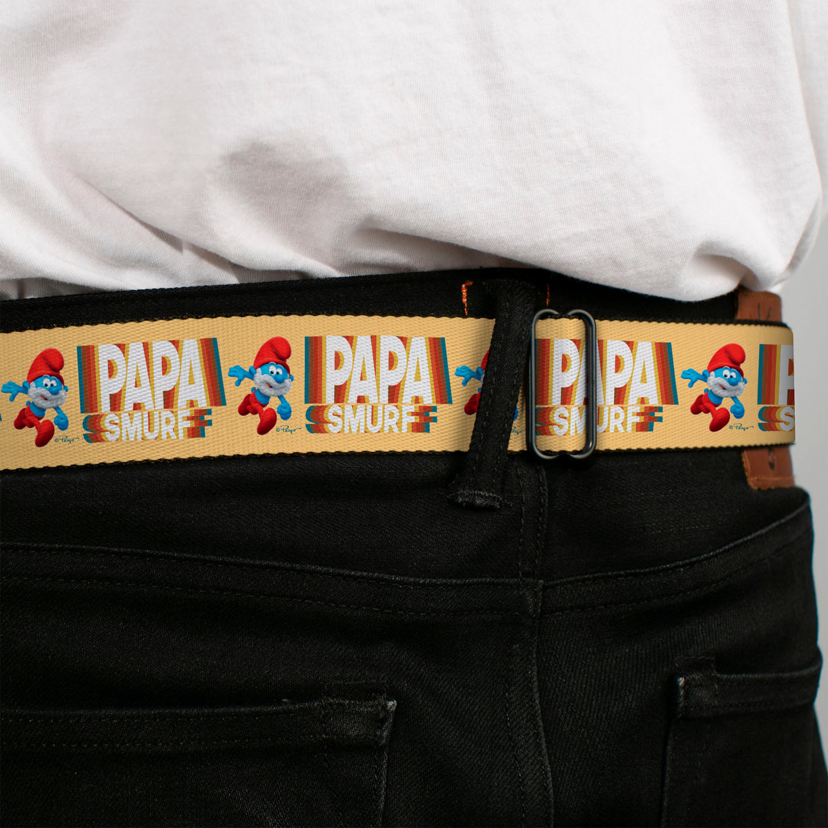 THE SMURFS Title Logo Full Color Black White Blue Seatbelt Belt - PAPA SMURF Running Pose and Text Beige/Multi Color Webbing Seatbelt Belts The Smurfs