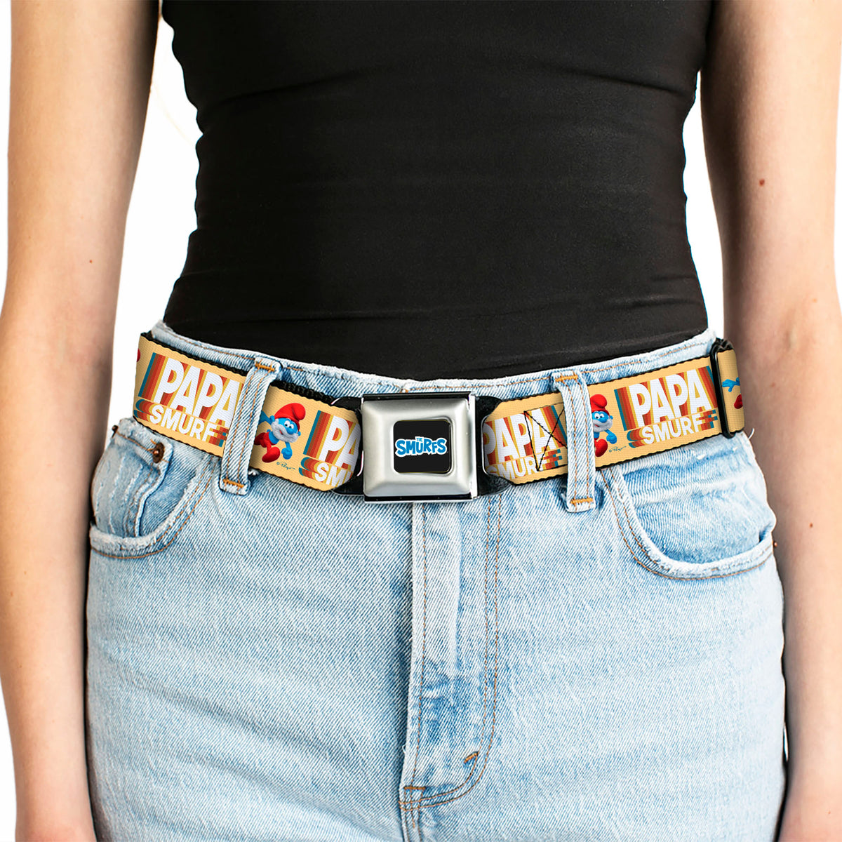 THE SMURFS Title Logo Full Color Black White Blue Seatbelt Belt - PAPA SMURF Running Pose and Text Beige/Multi Color Webbing Seatbelt Belts The Smurfs