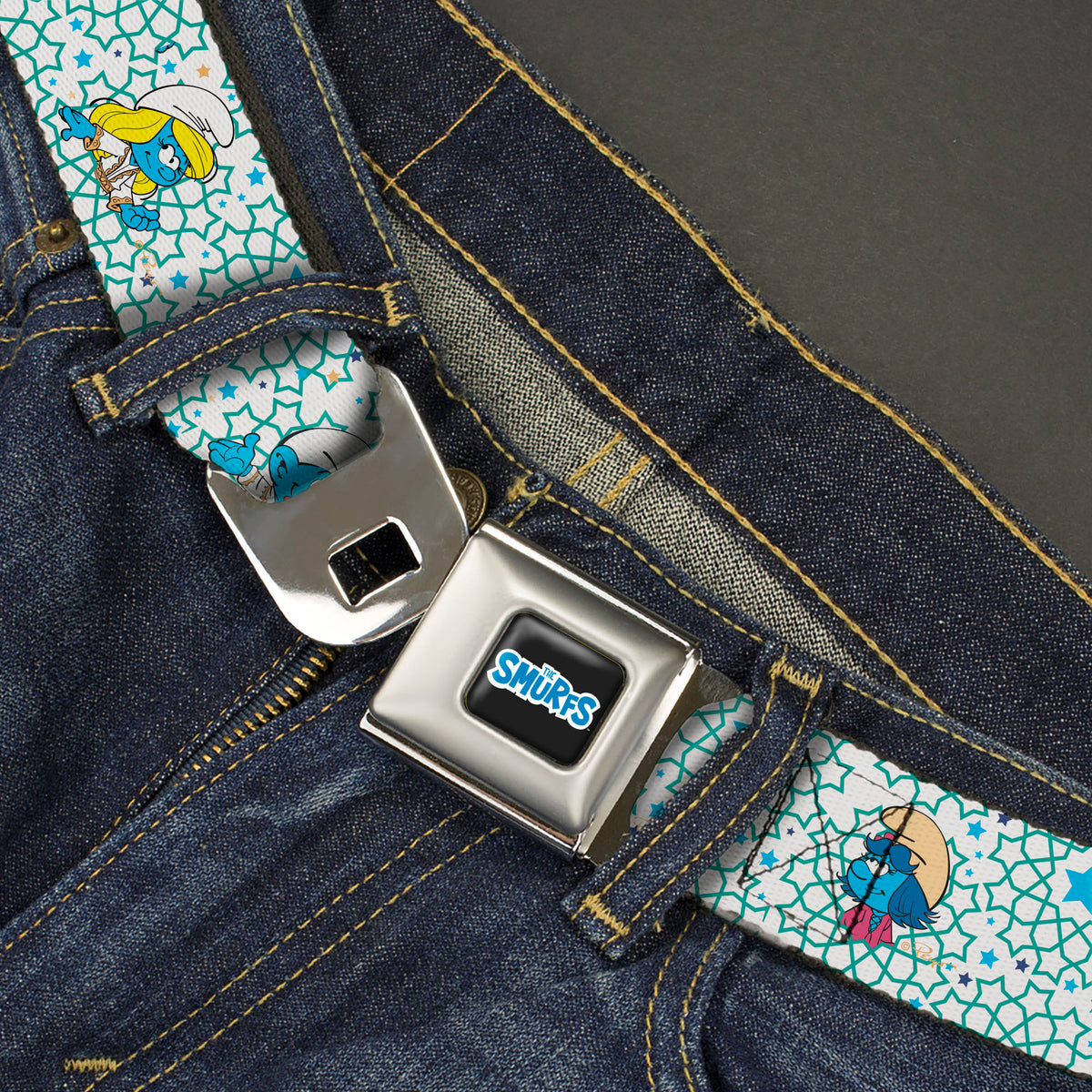 THE SMURFS Title Logo Full Color Black White Blue Seatbelt Belt - The Smurfs Three Character Pose and Stars White/Blues Webbing Seatbelt Belts The Smurfs