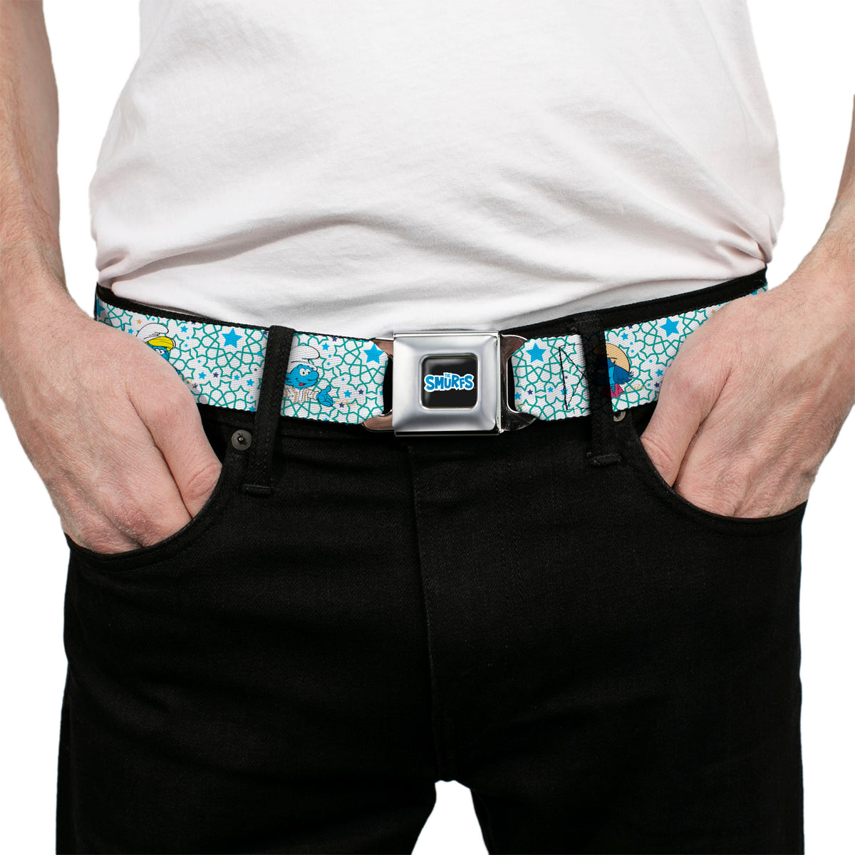 THE SMURFS Title Logo Full Color Black White Blue Seatbelt Belt - The Smurfs Three Character Pose and Stars White/Blues Webbing Seatbelt Belts The Smurfs