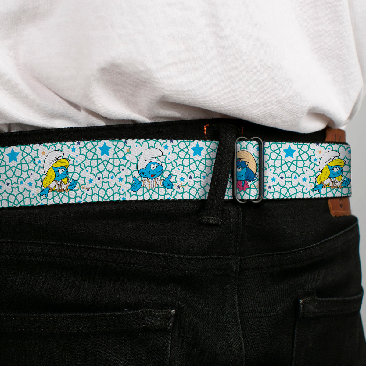 THE SMURFS Title Logo Full Color Black White Blue Seatbelt Belt - The Smurfs Three Character Pose and Stars White/Blues Webbing Seatbelt Belts The Smurfs