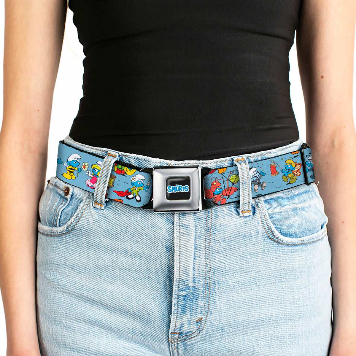 THE SMURFS Title Logo Full Color Black White Blue Seatbelt Belt - The Smurfs Halloween Dress Up Cosplay Poses Blue Webbing Seatbelt Belts The Smurfs