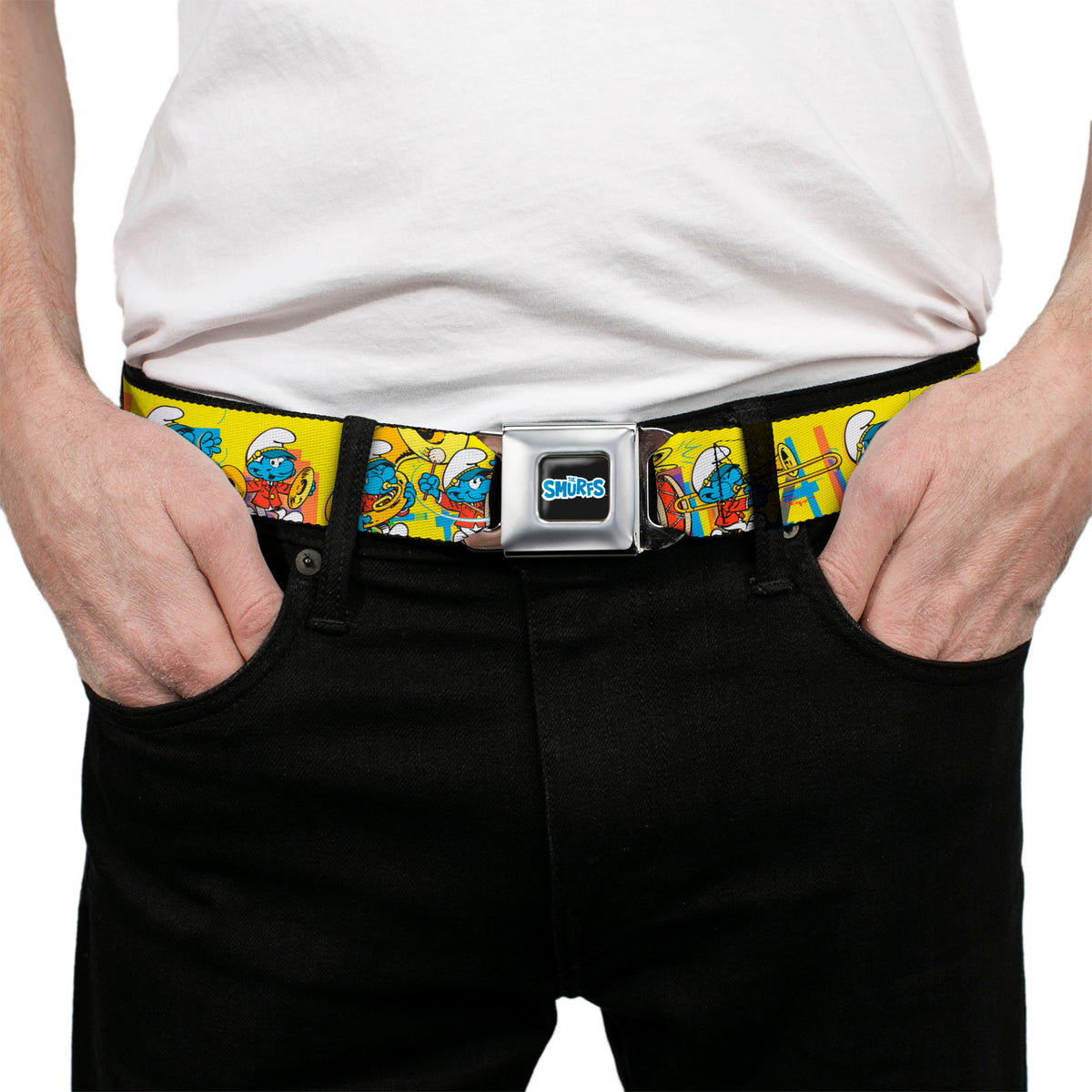 THE SMURFS Title Logo Full Color Black White Blue Seatbelt Belt - The Smurfs Carnival Party Band Line Yellow Webbing Seatbelt Belts The Smurfs