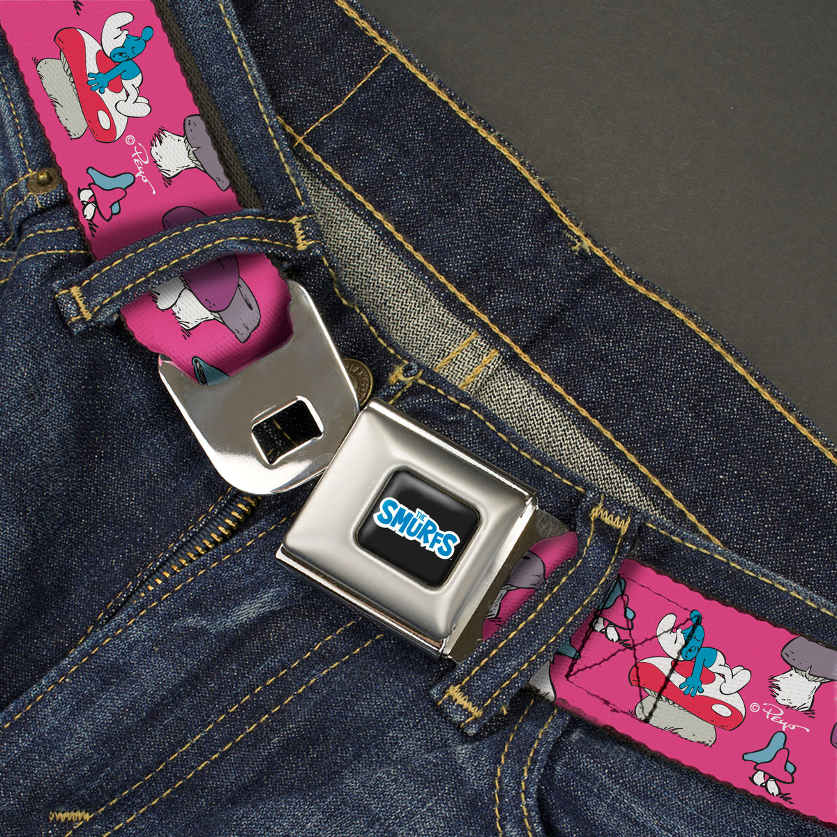 THE SMURFS Title Logo Full Color Black White Blue Seatbelt Belt - The Smurfs Like a Mushroom Pose Pink Webbing Seatbelt Belts The Smurfs