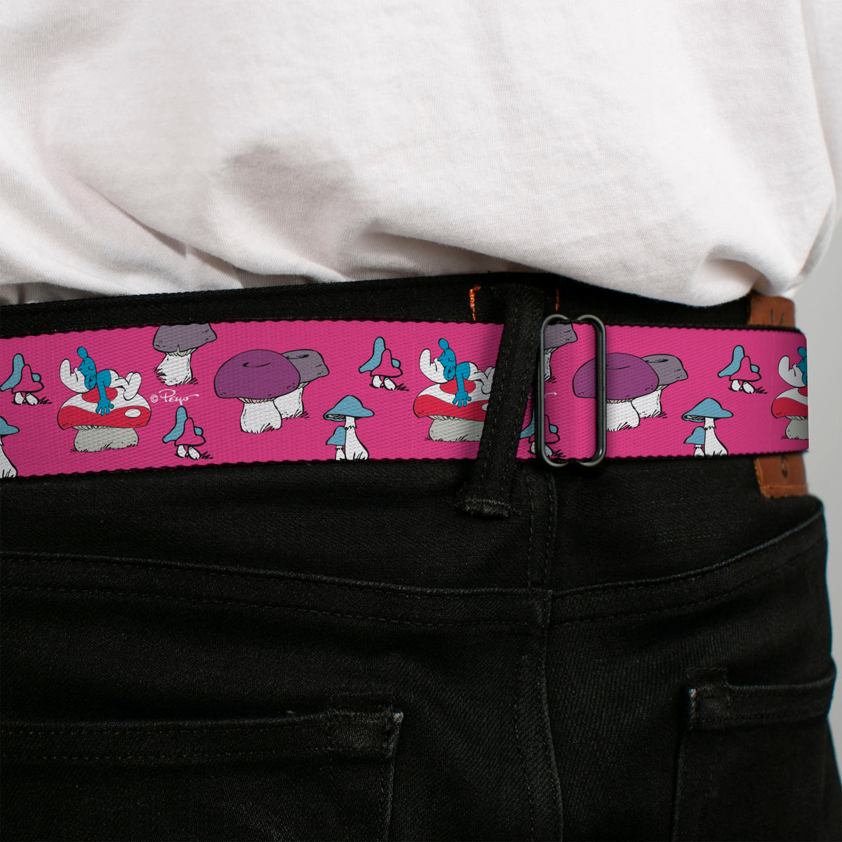 THE SMURFS Title Logo Full Color Black White Blue Seatbelt Belt - The Smurfs Like a Mushroom Pose Pink Webbing Seatbelt Belts The Smurfs