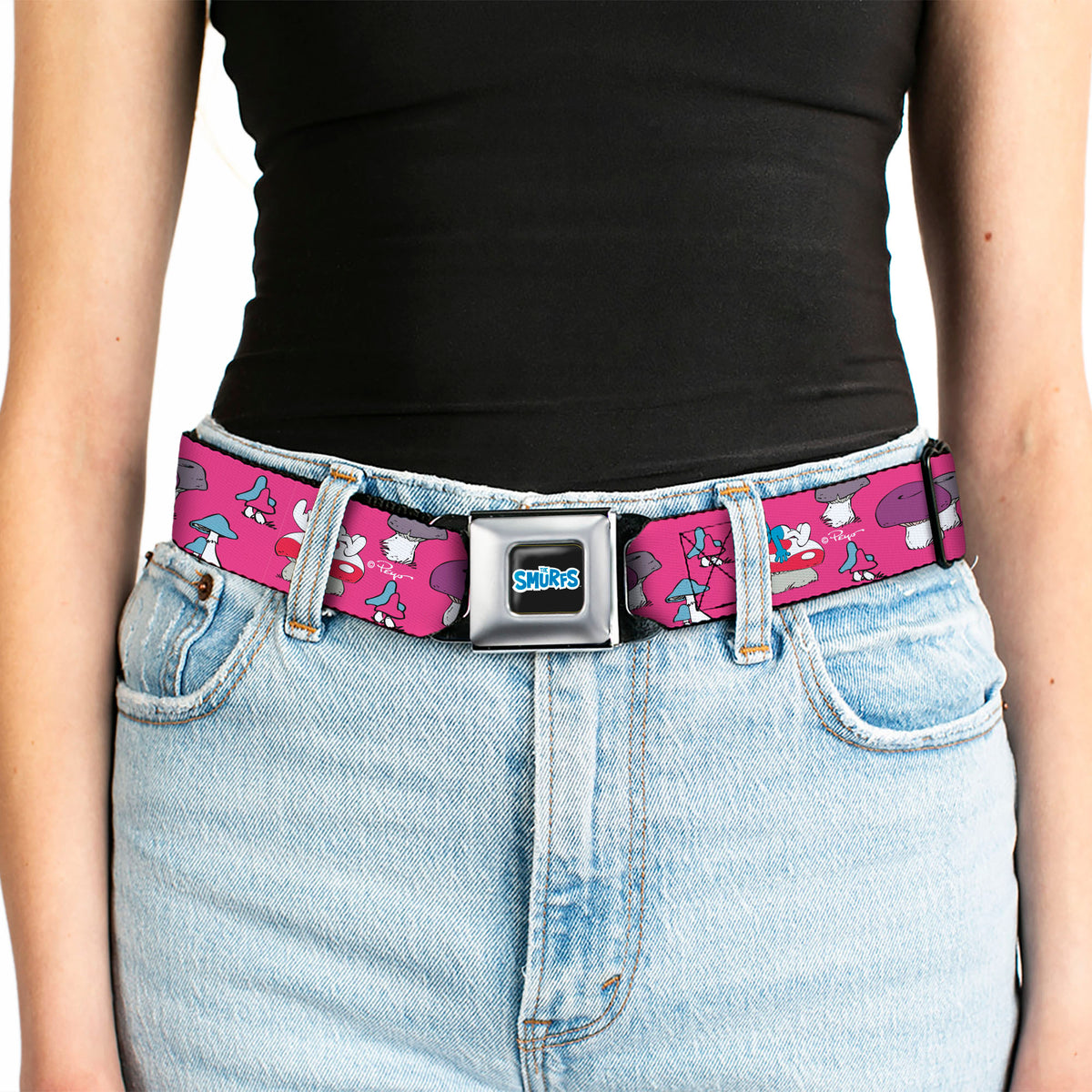 THE SMURFS Title Logo Full Color Black White Blue Seatbelt Belt - The Smurfs Like a Mushroom Pose Pink Webbing Seatbelt Belts The Smurfs