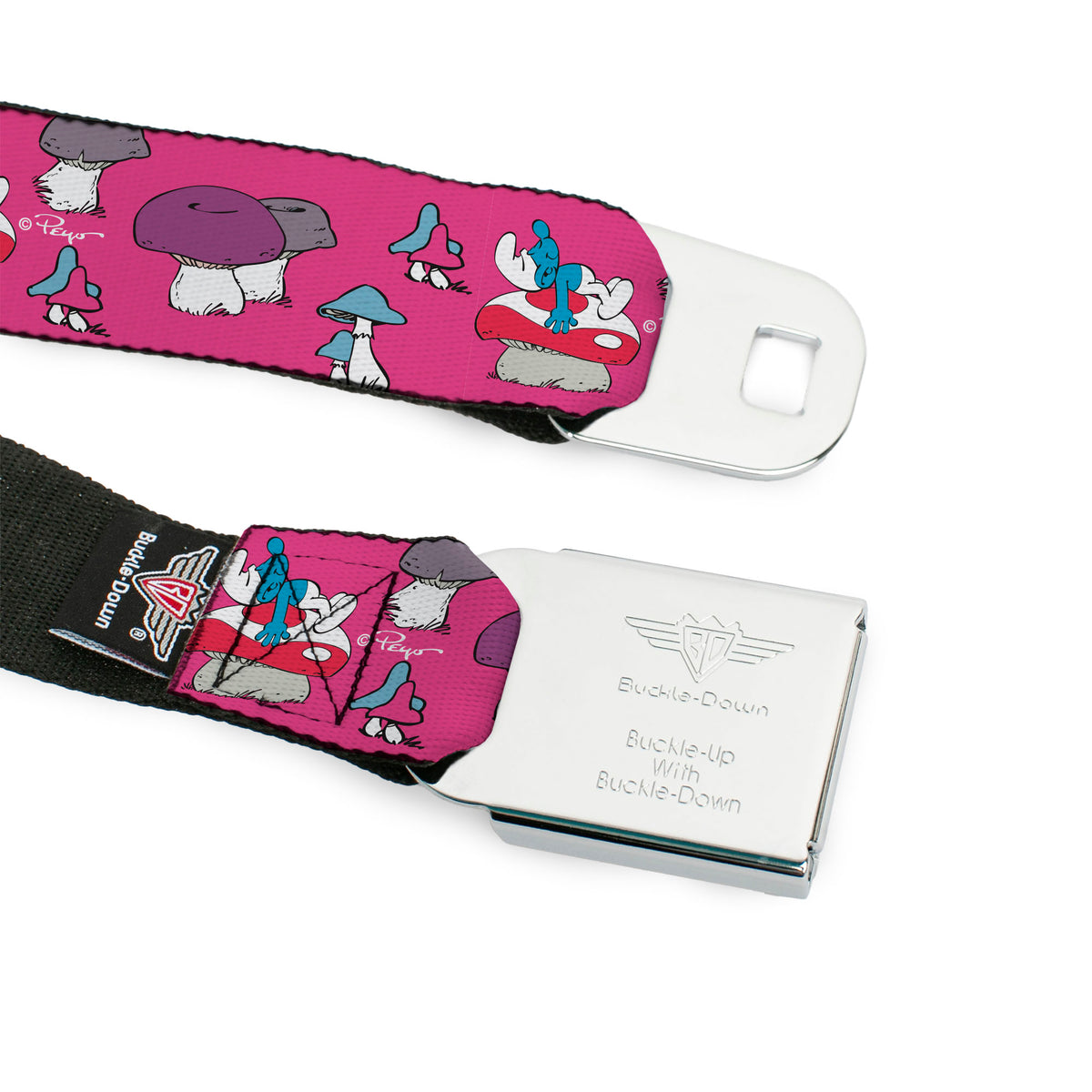 THE SMURFS Title Logo Full Color Black White Blue Seatbelt Belt - The Smurfs Like a Mushroom Pose Pink Webbing Seatbelt Belts The Smurfs