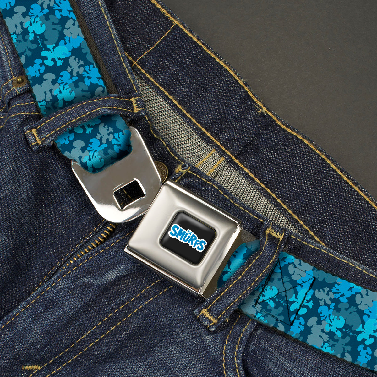 THE SMURFS Title Logo Full Color Black White Blue Seatbelt Belt - The Smurfs Silhouette Poses Stacked Blues Webbing Seatbelt Belts The Smurfs
