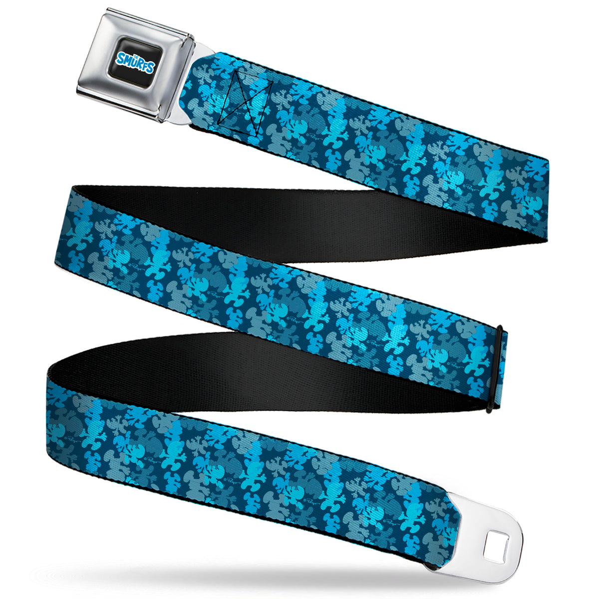 THE SMURFS Title Logo Full Color Black White Blue Seatbelt Belt - The Smurfs Silhouette Poses Stacked Blues Webbing Seatbelt Belts The Smurfs