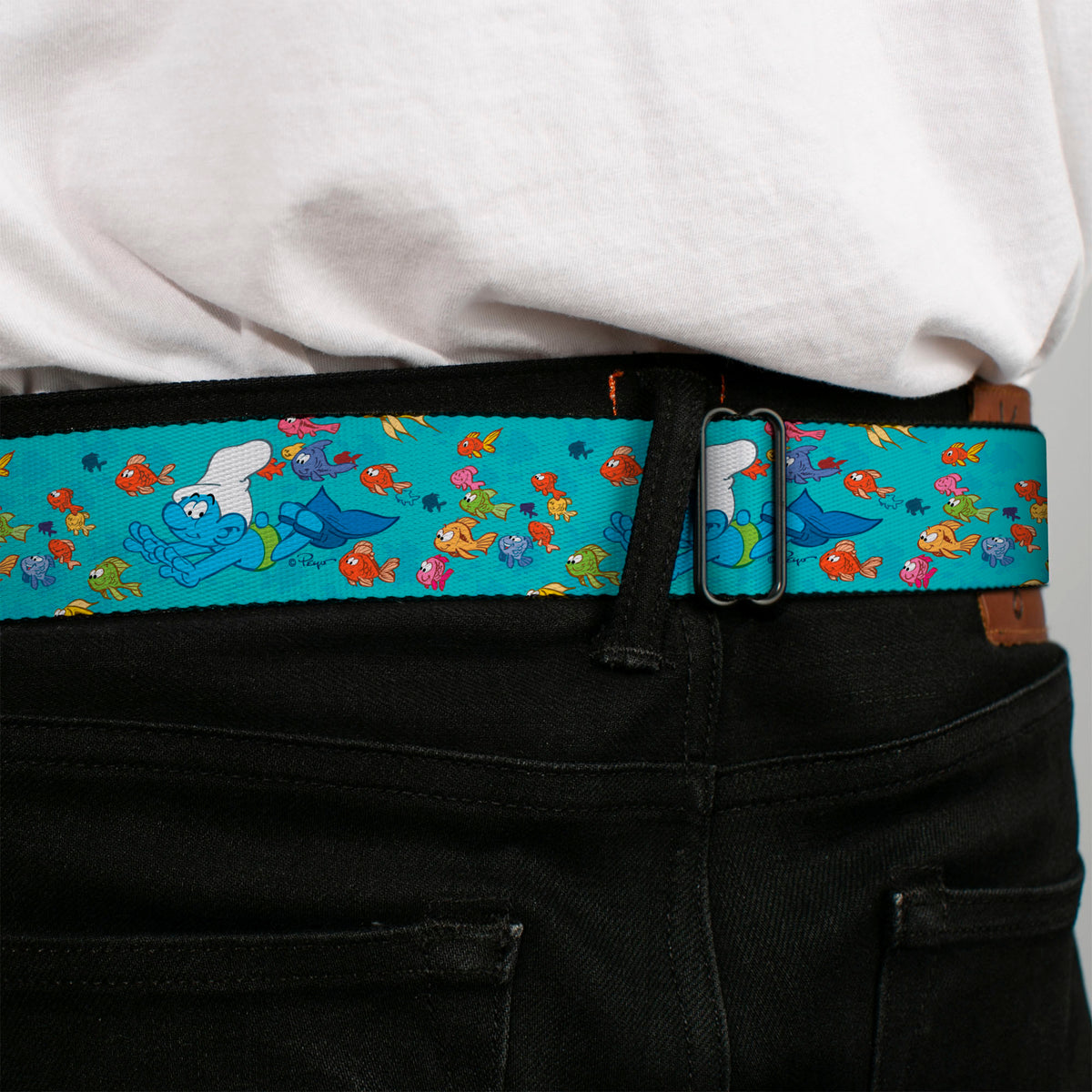 THE SMURFS Title Logo Full Color Black White Blue Seatbelt Belt - The Smurfs Swimming with Fish Blue/Multi Color Webbing Seatbelt Belts The Smurfs