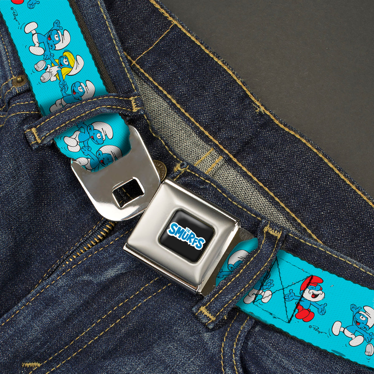 THE SMURFS Title Logo Full Color Black White Blue Seatbelt Belt - The Smurfs Seven Character Group Holding Hands Jumping Blue Webbing Seatbelt Belts The Smurfs