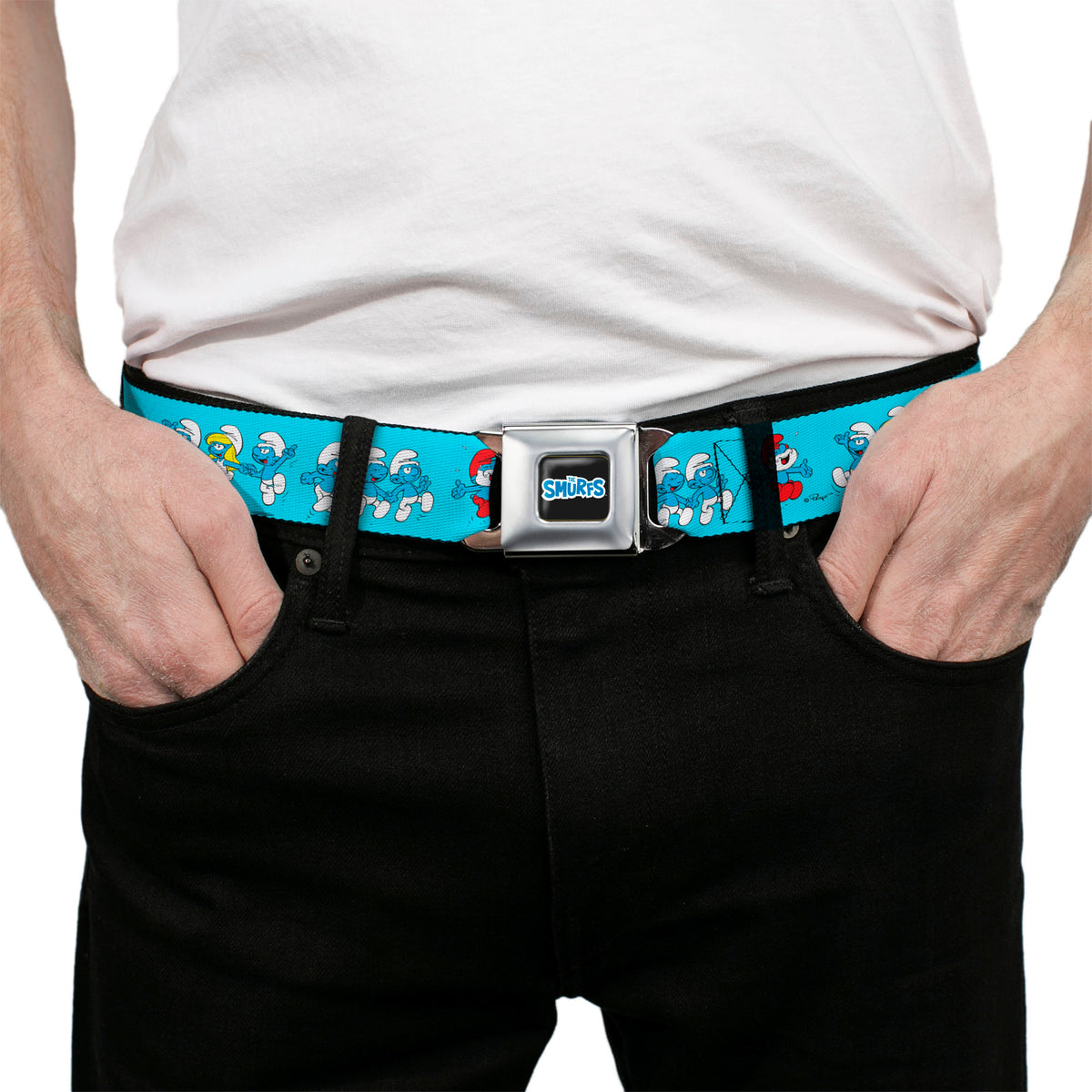 THE SMURFS Title Logo Full Color Black White Blue Seatbelt Belt - The Smurfs Seven Character Group Holding Hands Jumping Blue Webbing Seatbelt Belts The Smurfs