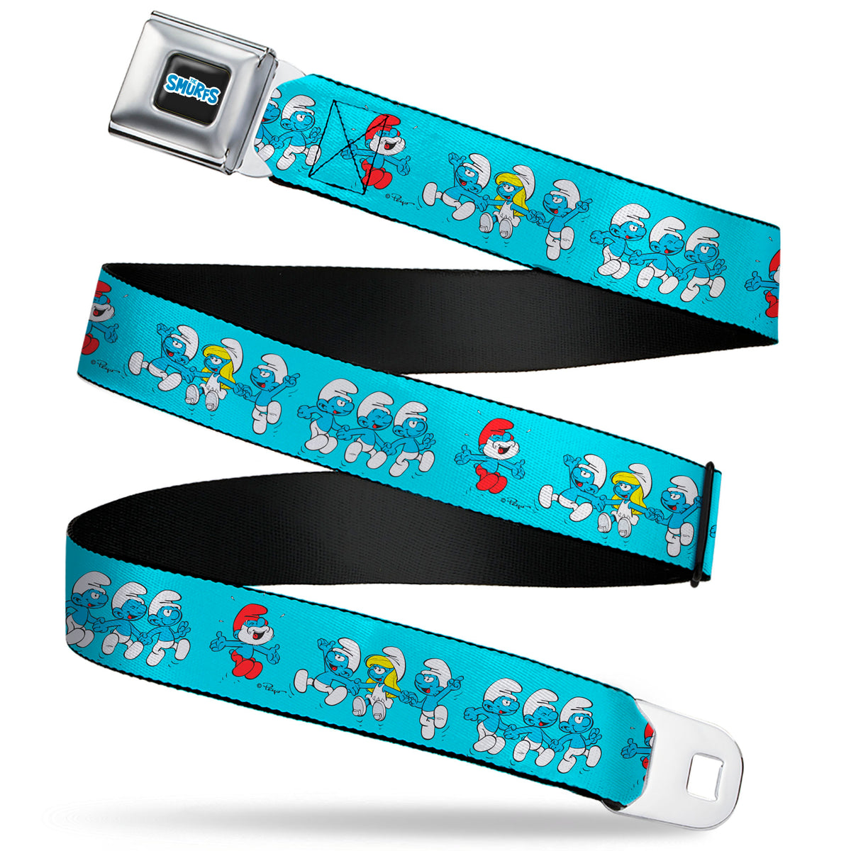 THE SMURFS Title Logo Full Color Black White Blue Seatbelt Belt - The Smurfs Seven Character Group Holding Hands Jumping Blue Webbing Seatbelt Belts The Smurfs